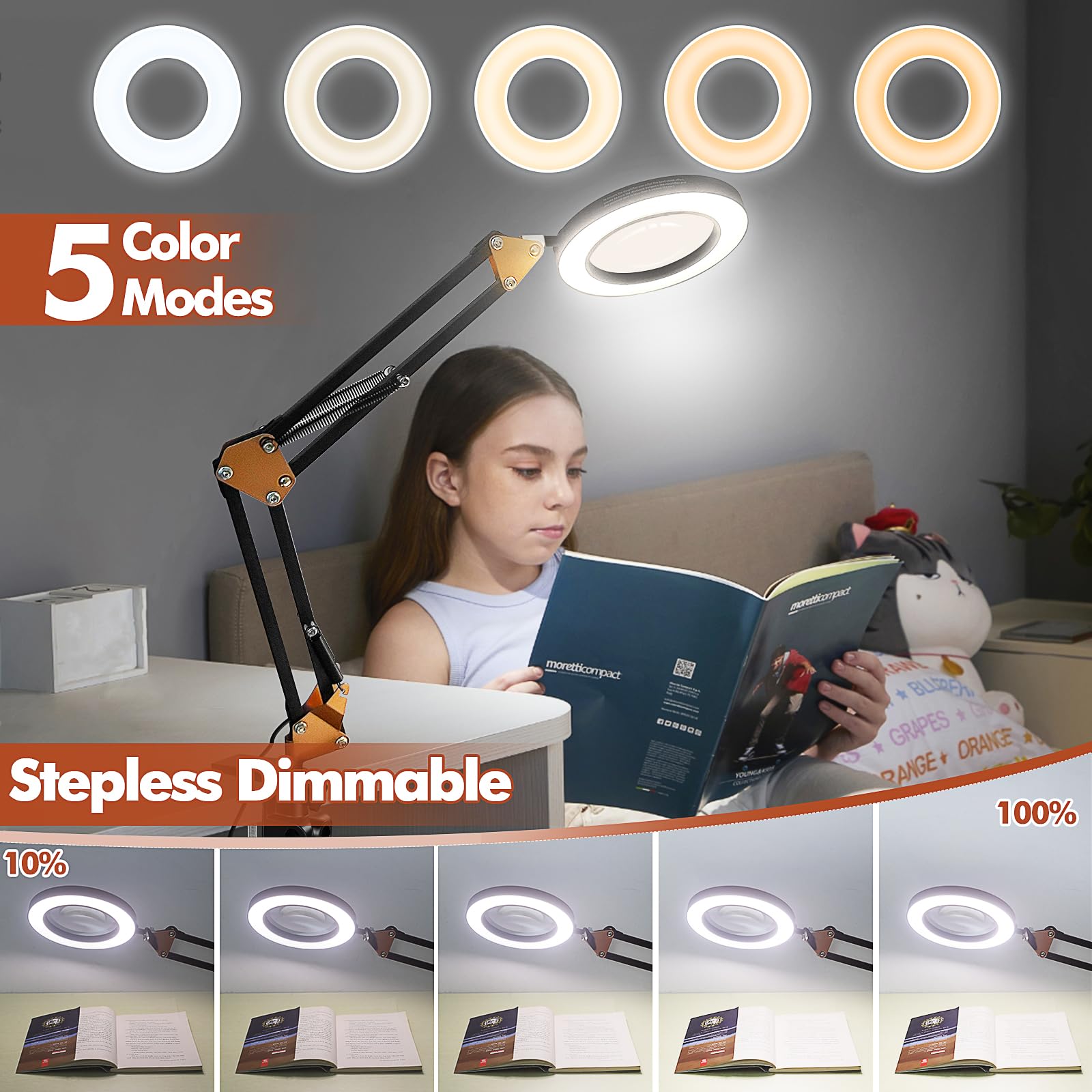 10X Magnifying Glass with Light and Clamp, 4.3'' Real Glass Lens LED Lighted Magnifier, 5 Color Modes Stepless Dimmable Adjustable Swing Arm Desk Lamp Hands Free for Crafts Reading Sewing Close Work - Image 4
