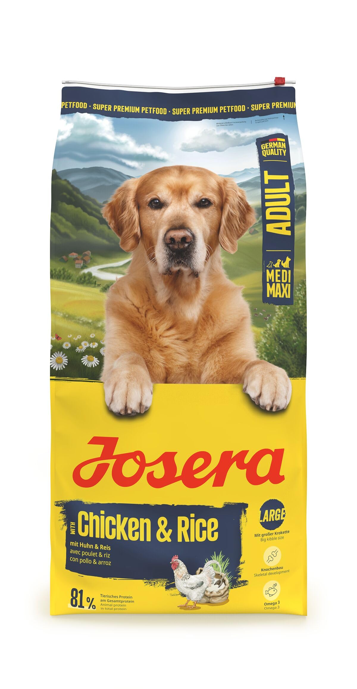 JOSERA Adult Large Huhn & Reis (1 x 12,5 kg) | Premium Trockenfutter für ausgewachsene Hunde großer Rassen | mit Lachsöl | glutenfrei | wertvolle Fettsäuren | XL-Kroketten gegen Schlingen | 1er Pack