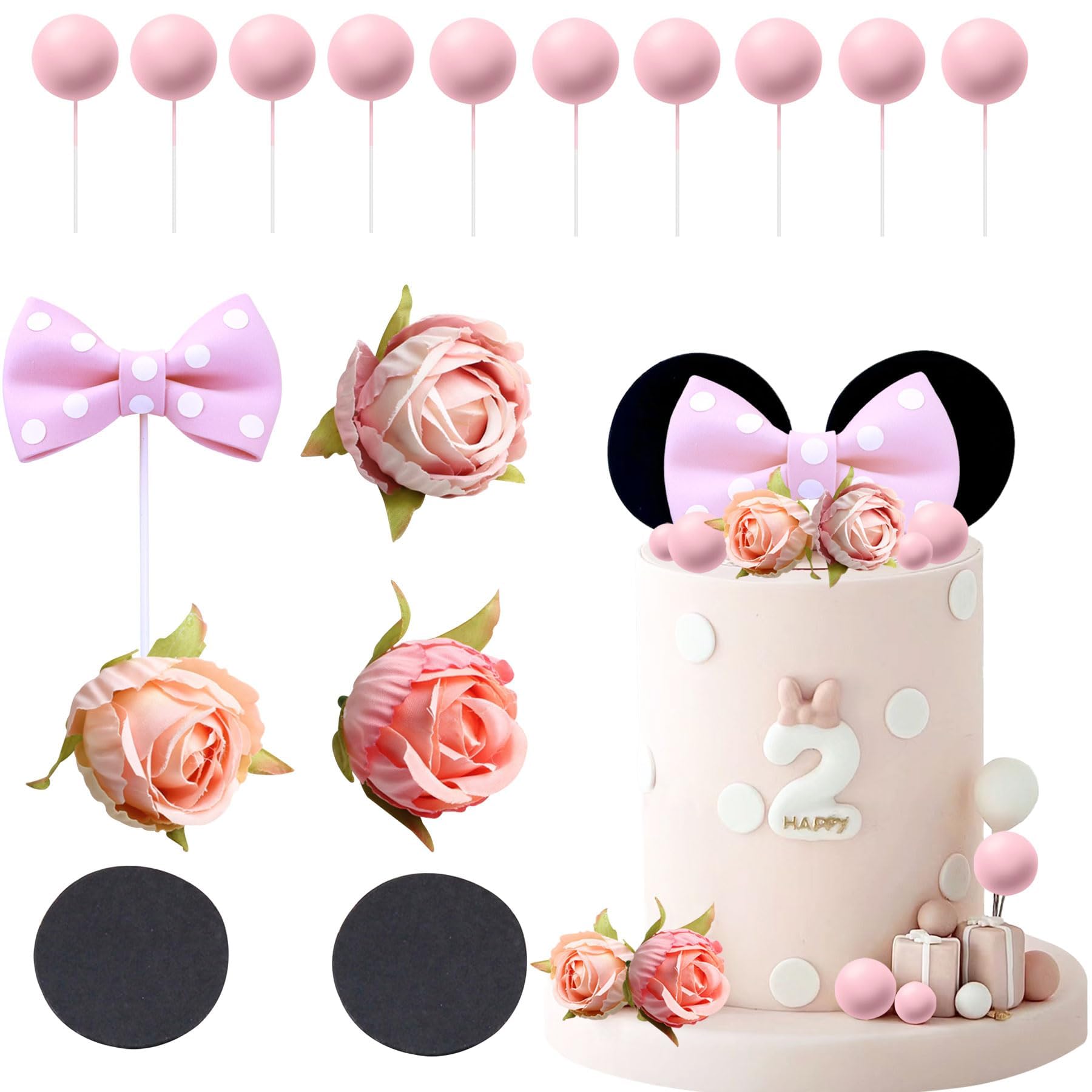 15PCS Pink Bow Theme Party Supplies Bow Tie Cake Topper Cartoon Cake Topper (Pink)