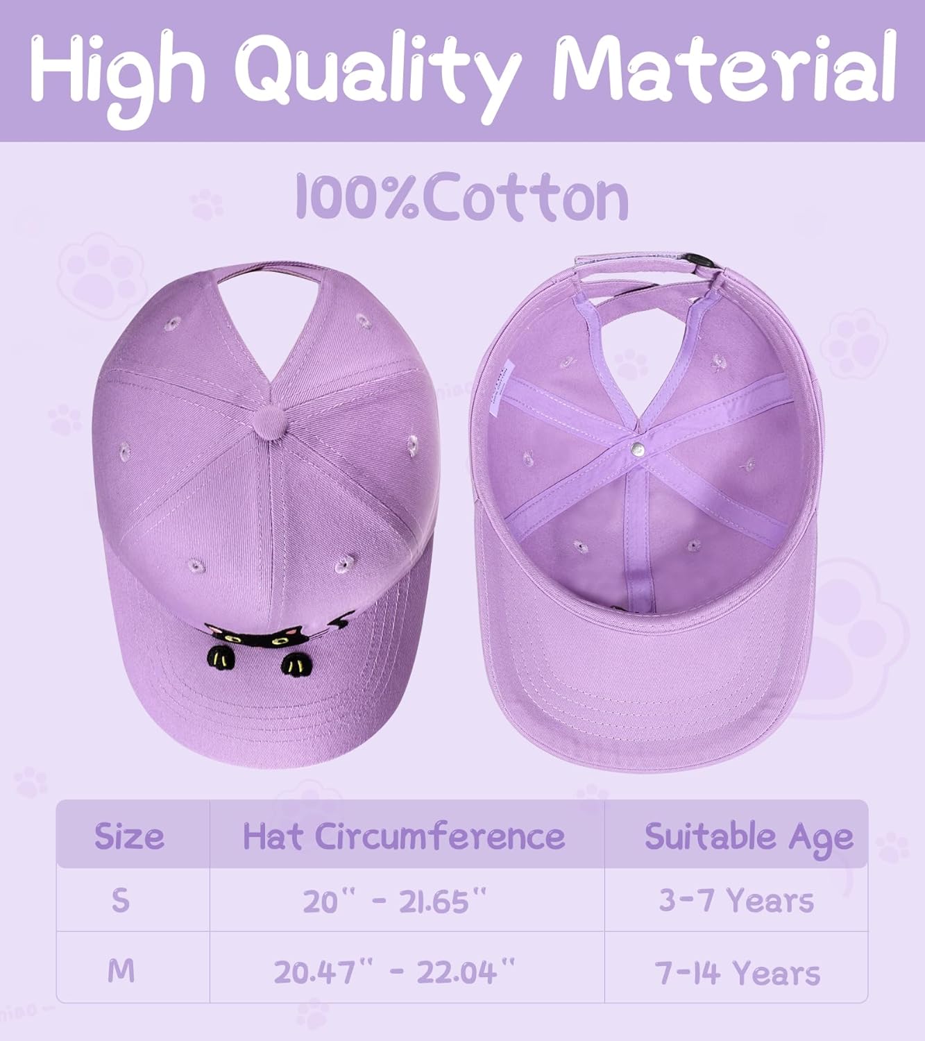 Girls Criss Cross Ponytail Hat Cute Embroidered Black Cat Hats for Girl Adjustable Cotton Baseball Cap for Kids Age 3-14 - Image 4