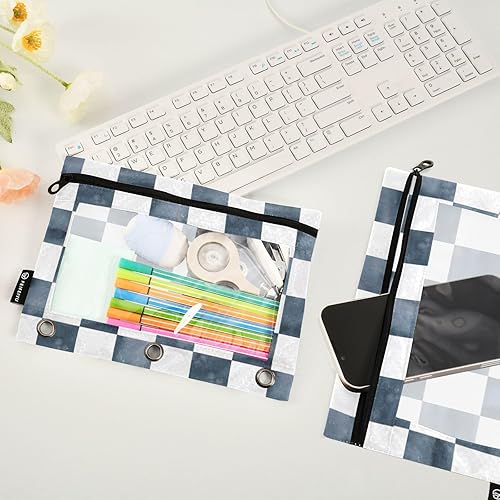 Miniatura 4 de Bolsas para carpetas, bolsa para lápices de tablero de ajedrez de mármol gris para carpeta de 3 anillos, paquete de 2 bolsas transparentes con