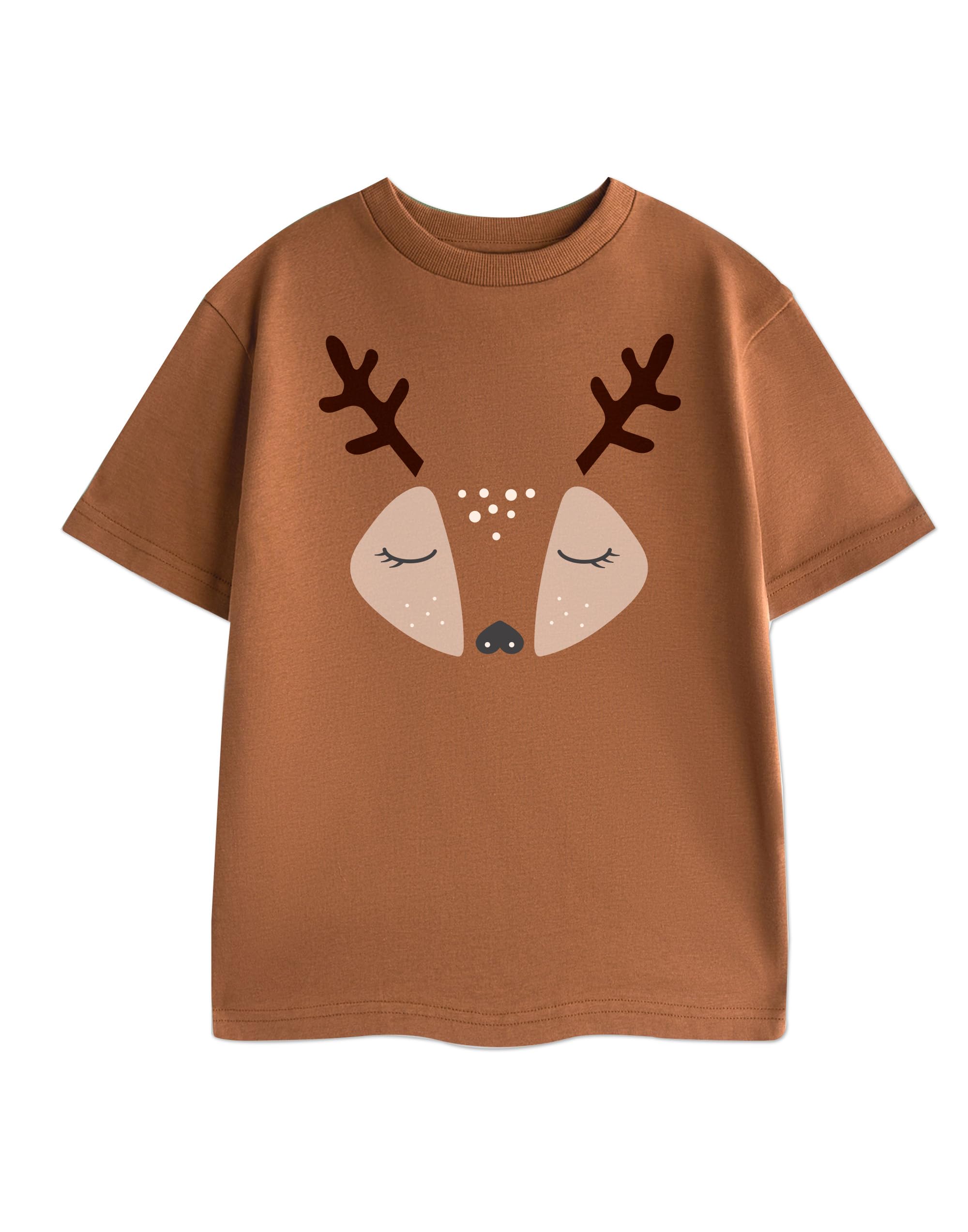 Show Me The Merch Unisex Brown Cute Reindeer Short Sleeved T-Shirt | Cartoon Graphic Tee For Christmas | Holiday Streetwear Top | Festive Wear For Adults 11-12 Years