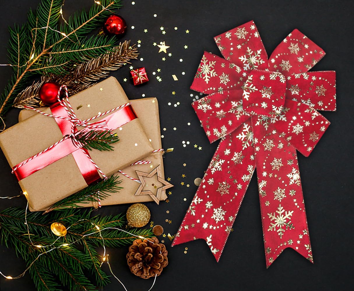ABTOLS 2-Pack Christmas Wreath Bows - Red, Gold Glitter Snowflake Bows for Wreath, Front Door, Tree Topper, Winter & New Year Ornaments - Indoor/Outdoor Decor - Image 3