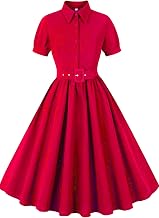 AXOE Women's Rockabilly 50s Pin up A-Line Dress with Button Belt Front Party Wedding Guest