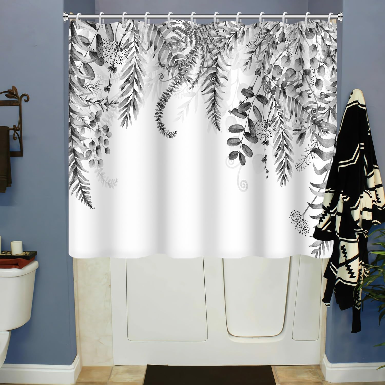 Rideau de douche court, rideau de salle de bain à motif d'eucalyptus gris aquarelle avec crochets pour baignoire ou marchepied, 183 x 152,4 cm