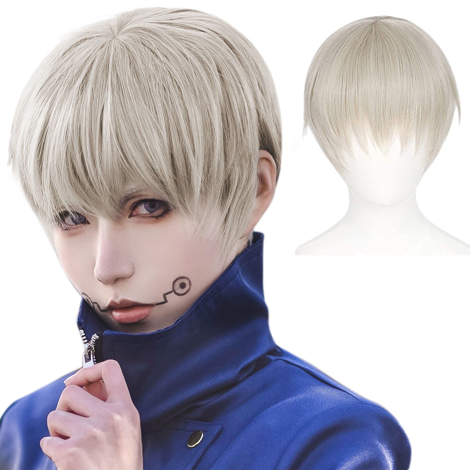 JoneTingJJK Sliver Gray Wig with Bangs（+Hair Cap+ Tattoo） for Men Cosplay Anime Short Hair Grey Wig for Halloween Party Peluca Gris Plata Synthetic Straight Wigs for Man Costume