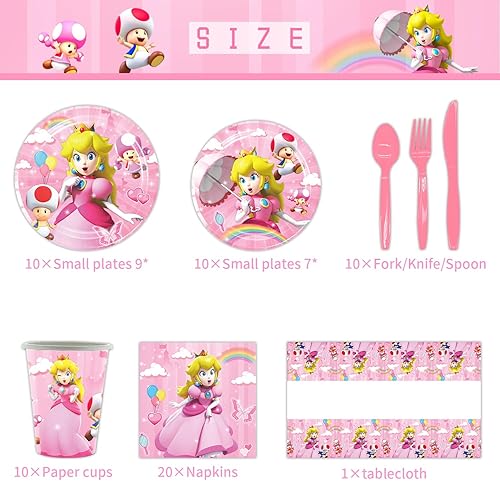Miniatura 2 de 131 piezas de vajilla de fiesta de melocotón princesa para Mario, 50 calcomanías, 20 platos, 20 servilletas, 10 cuchillos, tenedores y cucharas, 10