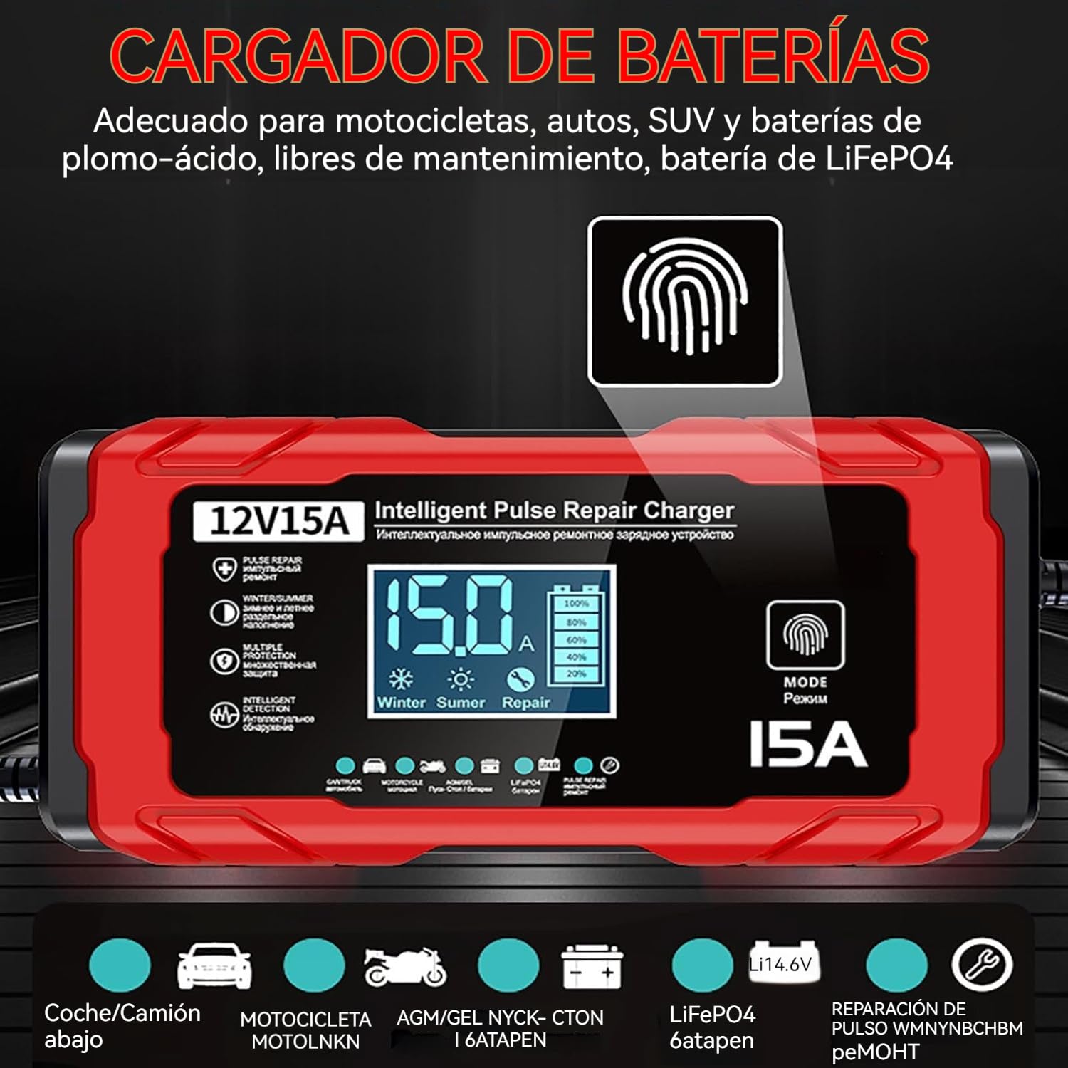 Cargador Baterias Coche 15A - Inteligente Cargador Bateria Moto 12V 15A, Compensación de Temperatura, Apto para Baterías de Plomo-ácido y de Fosfato de Hierro y Litio, Barcos y Motocicletas