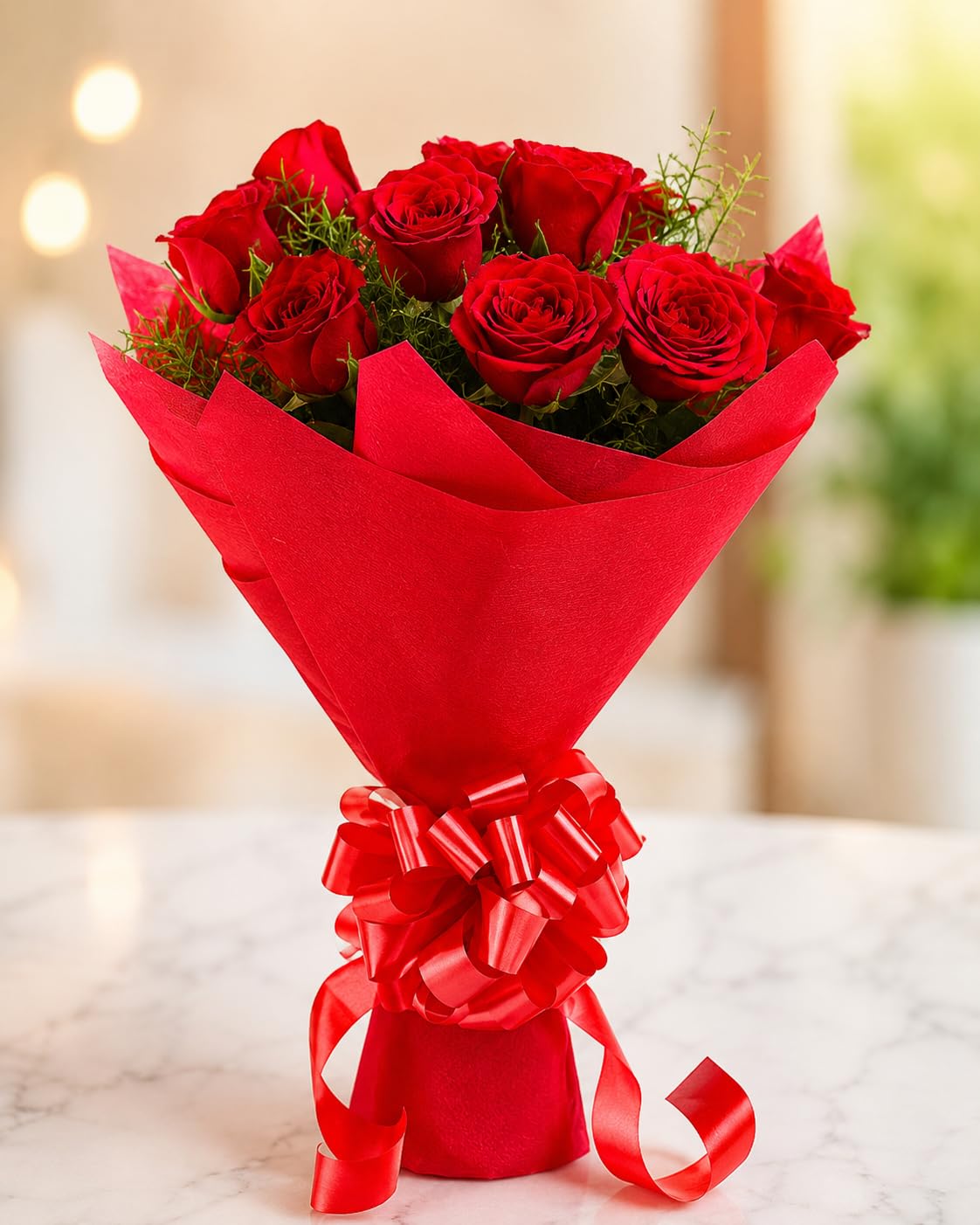 Red Roses Bouquet with Seasonal Green Fillers, 8 Fresh Roses-image-17