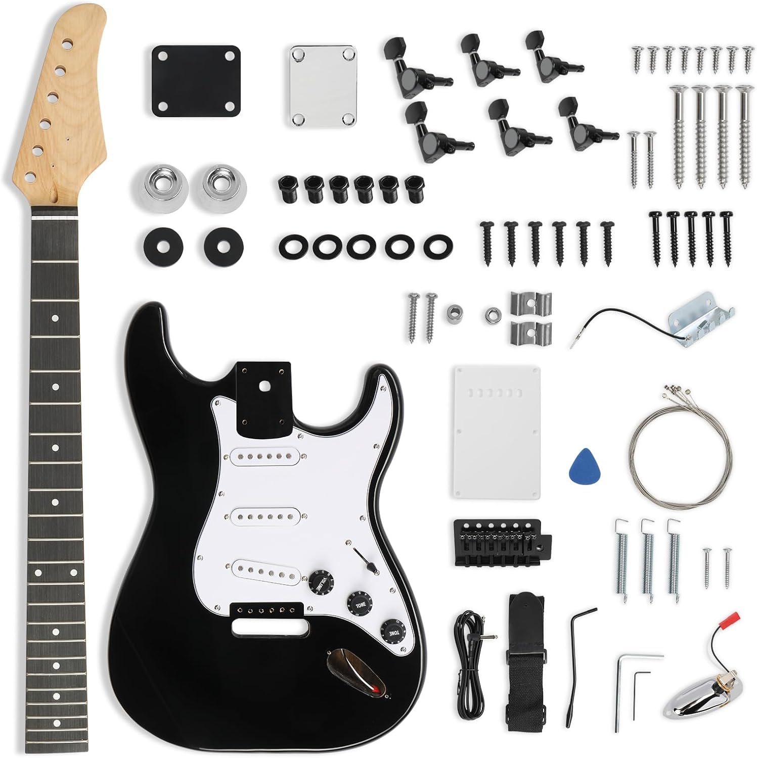 Ktaxon DIY Guitar Kit with Solid Body, Tech Fingerboard and Maple Neck, 6 String DIY Electric Guitar Kit with Classic Design, Easy Installation & Full Equipment to Build Your Own Guitar (KST-Black)