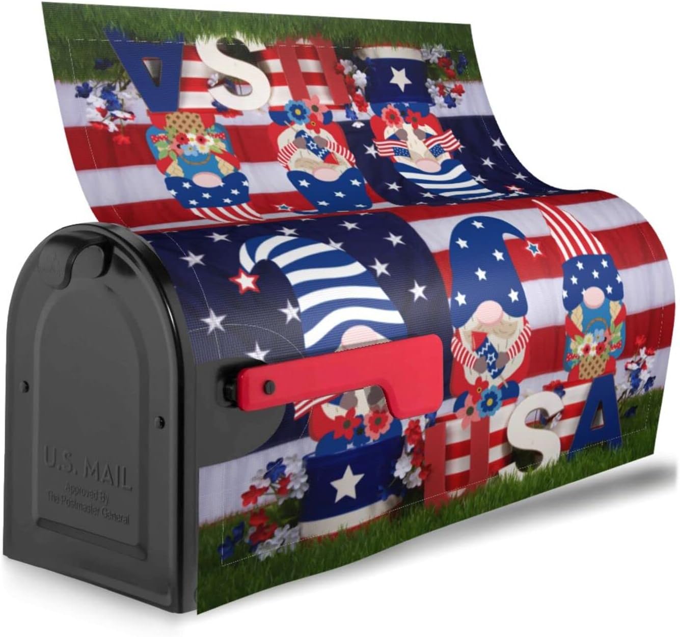 Patriotic Gnomes American Flag Waterproof Mail Cover Magnetic Mailbox Wraps Post Letter Box Cover for Garden Home Decor 21x18 in