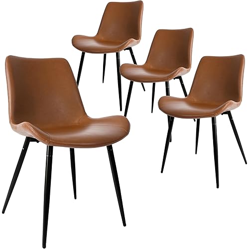 CangLong Dining Chairs Set of 4, Faux Leather Dining Room Chairs with Comfy Upholstered Seat, Modern Kicthen Chairs Armless Accent Chairs with Black Legs for Restaurant, Living Room, Brown
