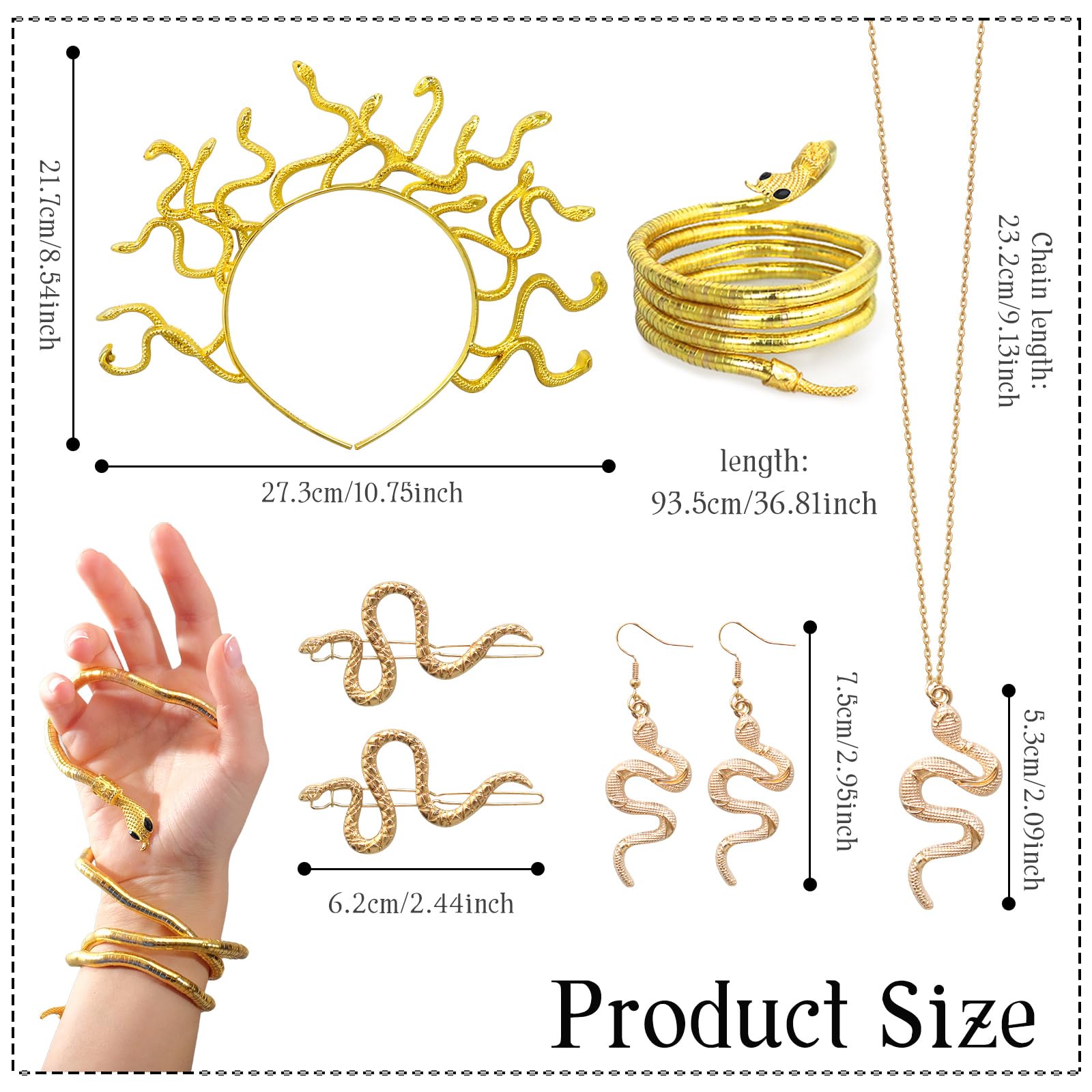 Oerphh 7pcs Medusa Party Accessories, Snake Jewelry Set including Headband, Bracelet, Necklace, Earrings - Image 3