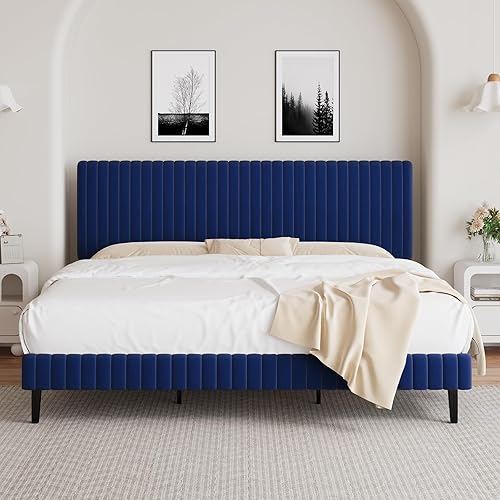 Miniatura 9 de BarnFurin Base de cama tamaño Queen con cabecera ajustable, plataforma tapizada de terciopelo con diseño capitoné de canal vertical, no requiere