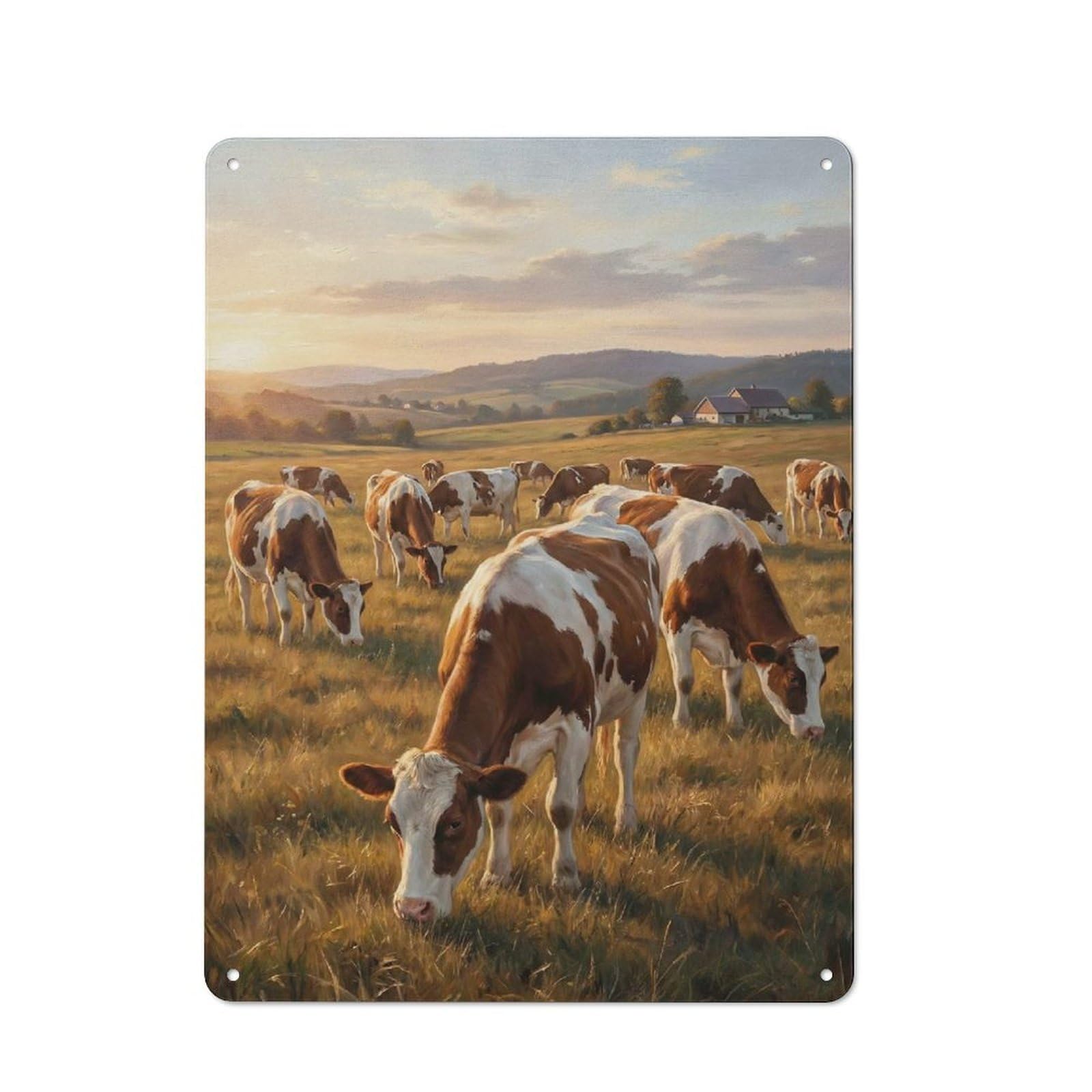 Junmoney Style-12 Retro Retro Metal Sign 40X30cm Featuring Cows Grazing In A Sunny Field, Garage Wall Decor For Garage, Hobby Room, Office Or Man Cave