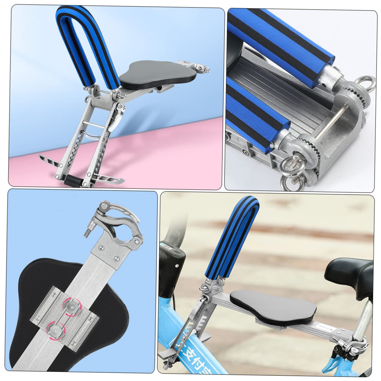 Garneck Seggiolino Bici Bambini Anteriore Pieghevole Pedali | Lega di Alluminio, per Bicicletta, Nero e Blu, Viaggio Genitore-figlio