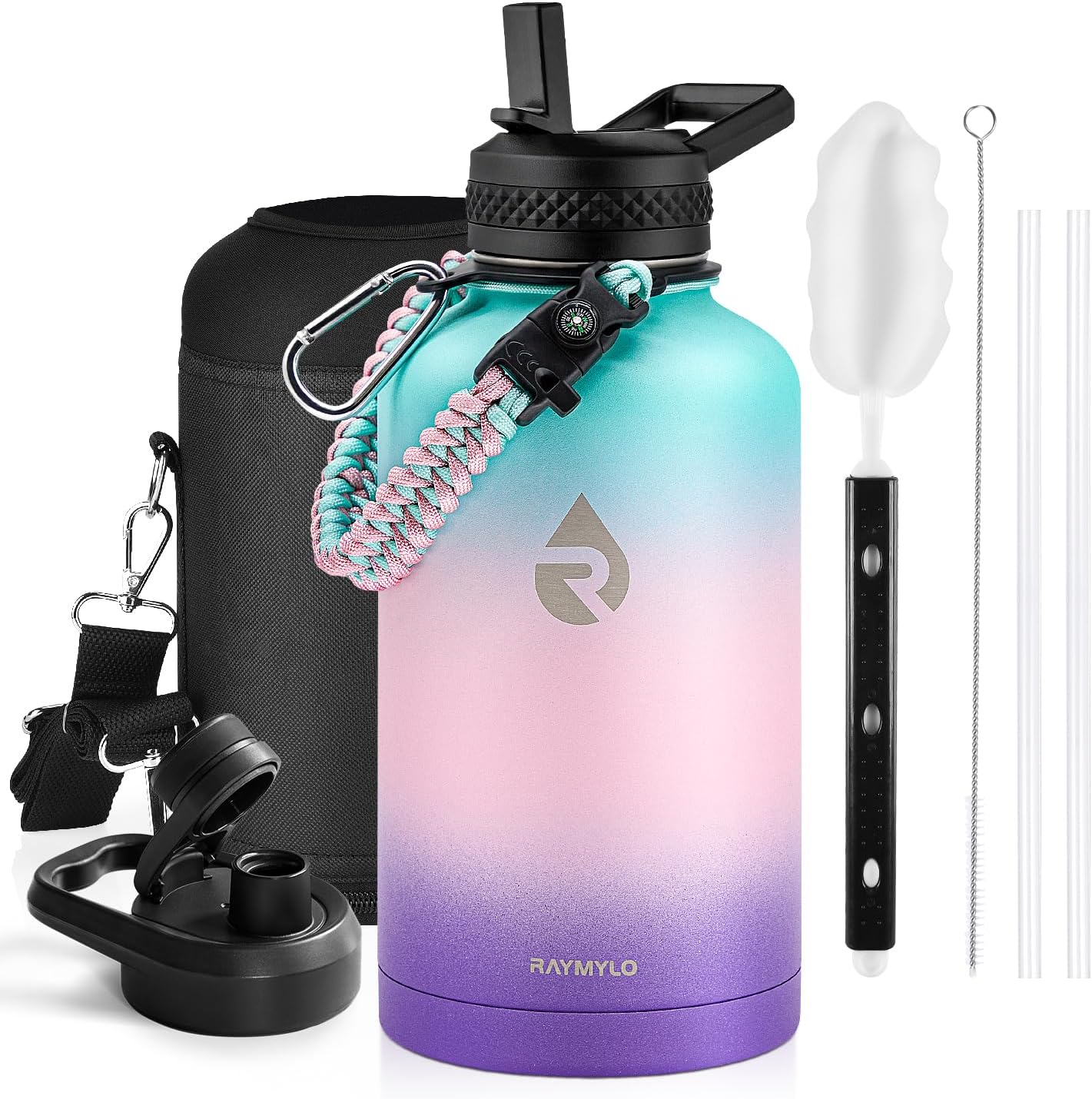 RAYMYLO Insulated Water Bottle 64 oz, Triple Wall Vacuum Stainless Steel (Cold for 48 Hrs), Leak Proof & Non-BPA, Half Gallon Water Flask Jug with Paracord Handle & Straw Spout Lids, Hydrangea