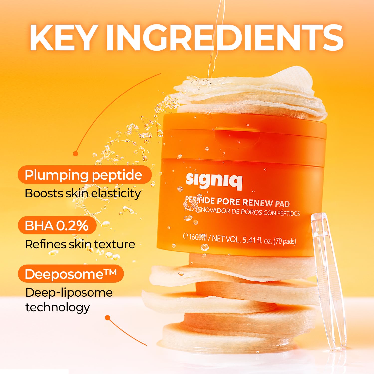 signiq Peptide Pore Renew Pad, Pore Purifying and Firming, Peptide, 0.2% BHA, Mini-Embossed Toner Pads for Glass Skin, Korean Skincare (70 Pads, 160ml, 5.41 fl.oz.)