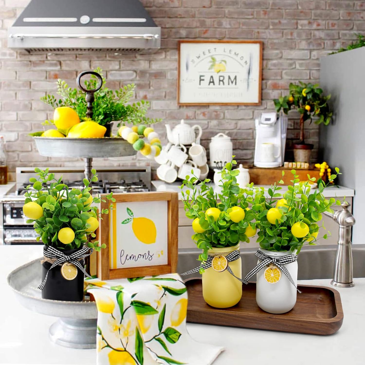 Lemon Mason Jar Table Centerpiece Faux Lemon Kitchen Decor and Accessories Lemona with Artificial Leaves Spring Summer Farmhouse Decoration for Home Tiered Tray Tabletop Display Yellow White Black 3