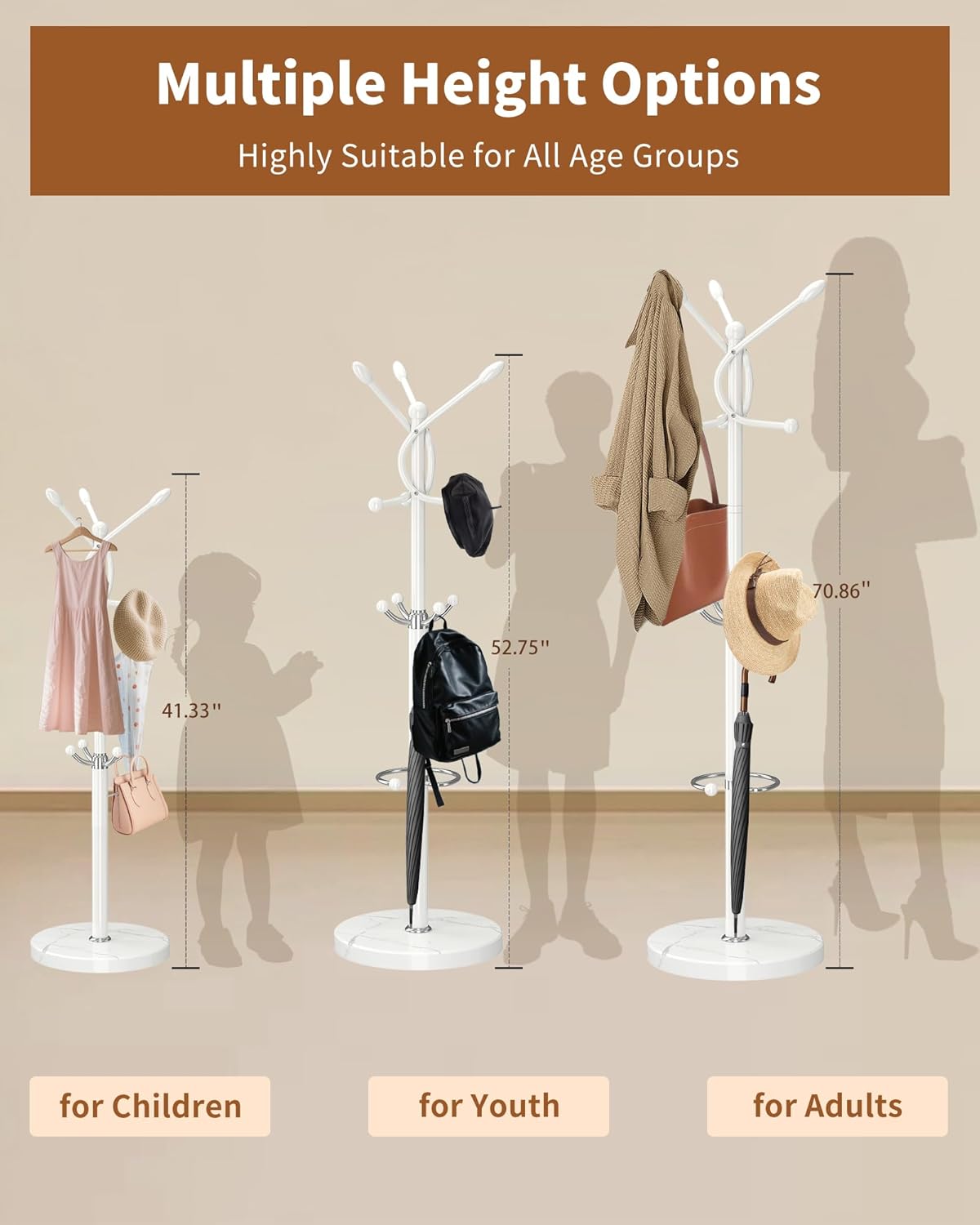 Metal Coat Rack with Natural Marble Base, Coat Rack Stand with 12 Hooks & Umbrella Holder, White Modern Freestanging Coat Racks, Coat Jacket Hanger Tree Stand for Corner Entryway Office