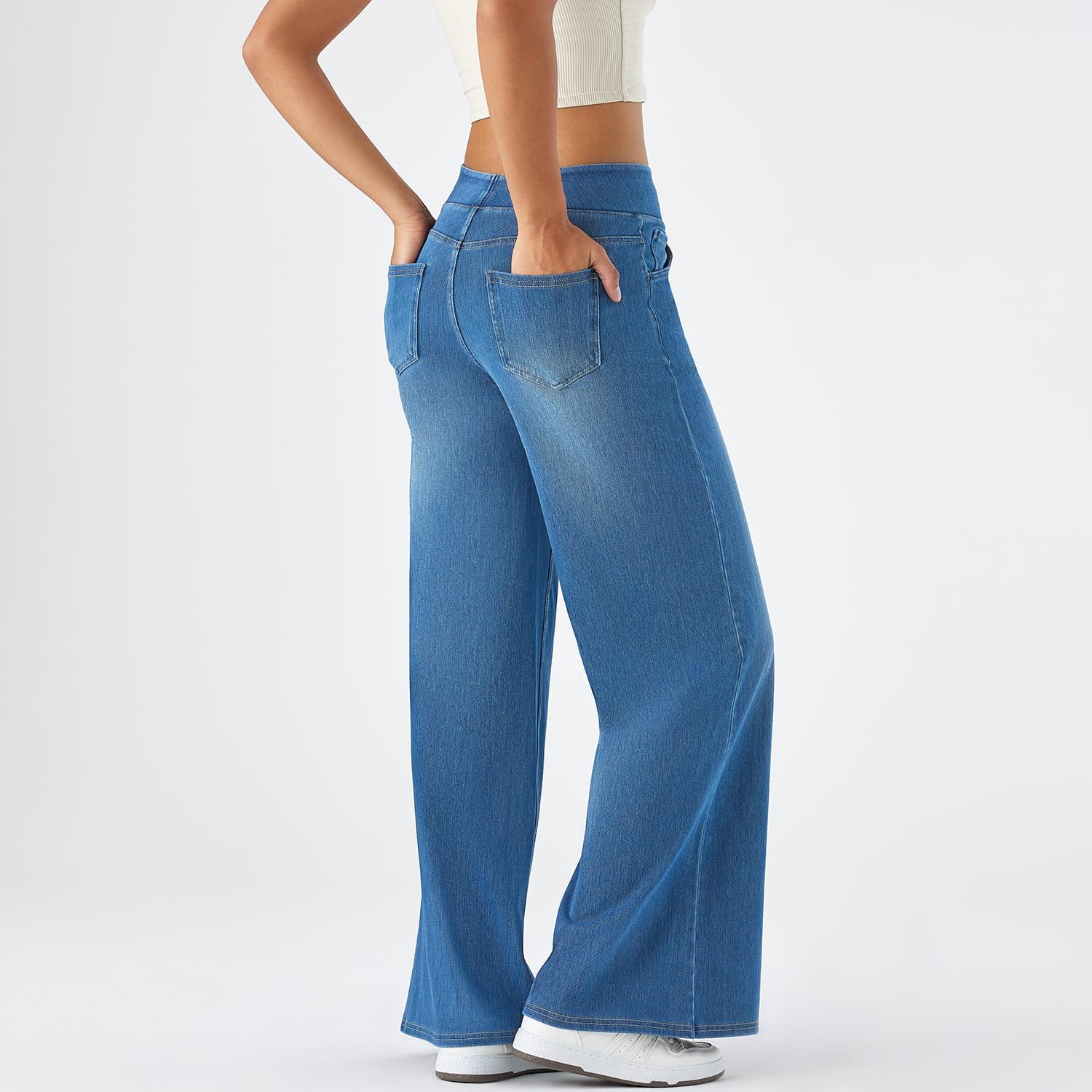 Women's High Rise Wide Leg Jeggings - Stretch Pull On Jeans-Style Pants, Soft Denim with Pockets - Image 2