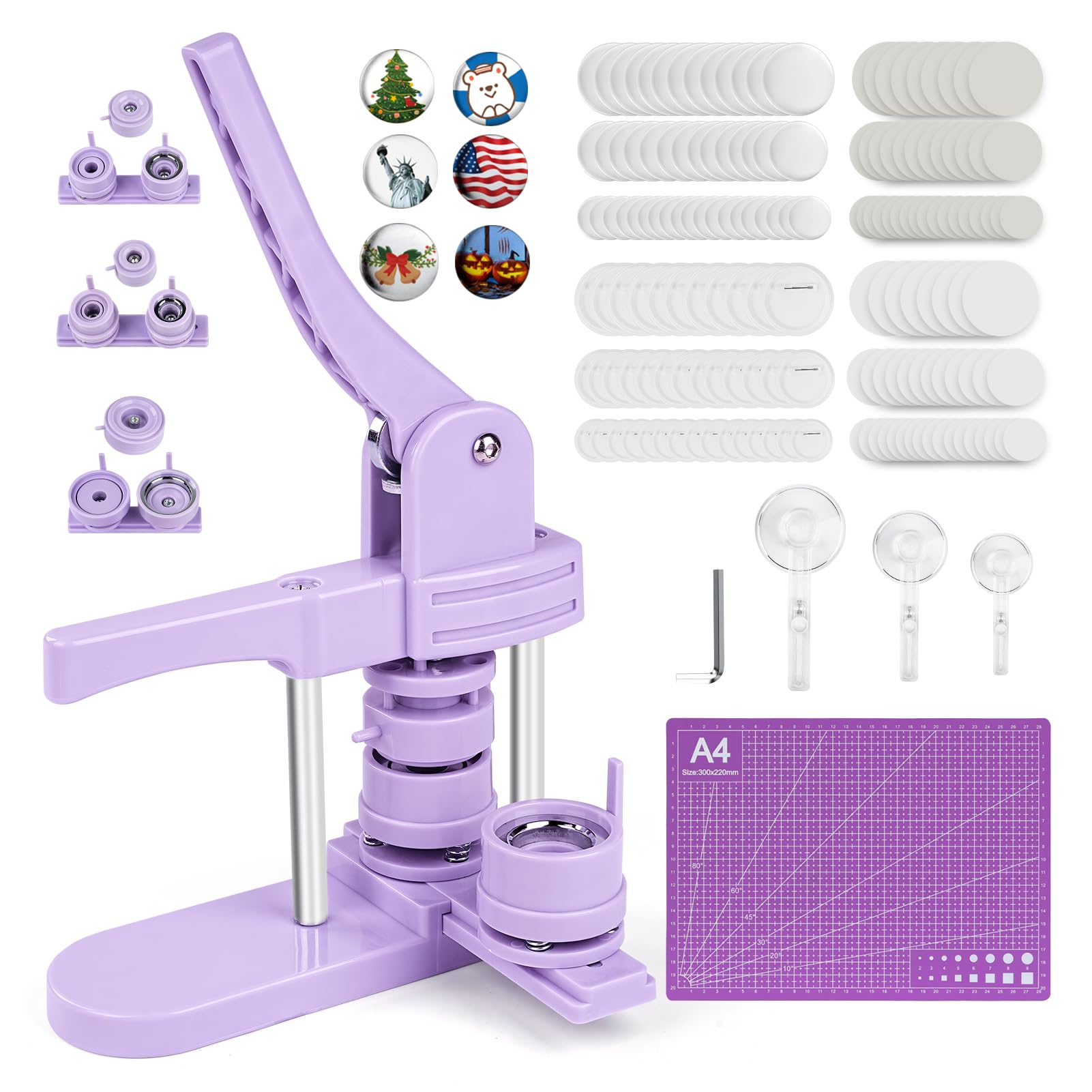 Máquina para hacer botones, 25 mm/32 mm/58 mm, kit de prensa de insignias personalizado con 300 piezas de botón para regalos, color morado
