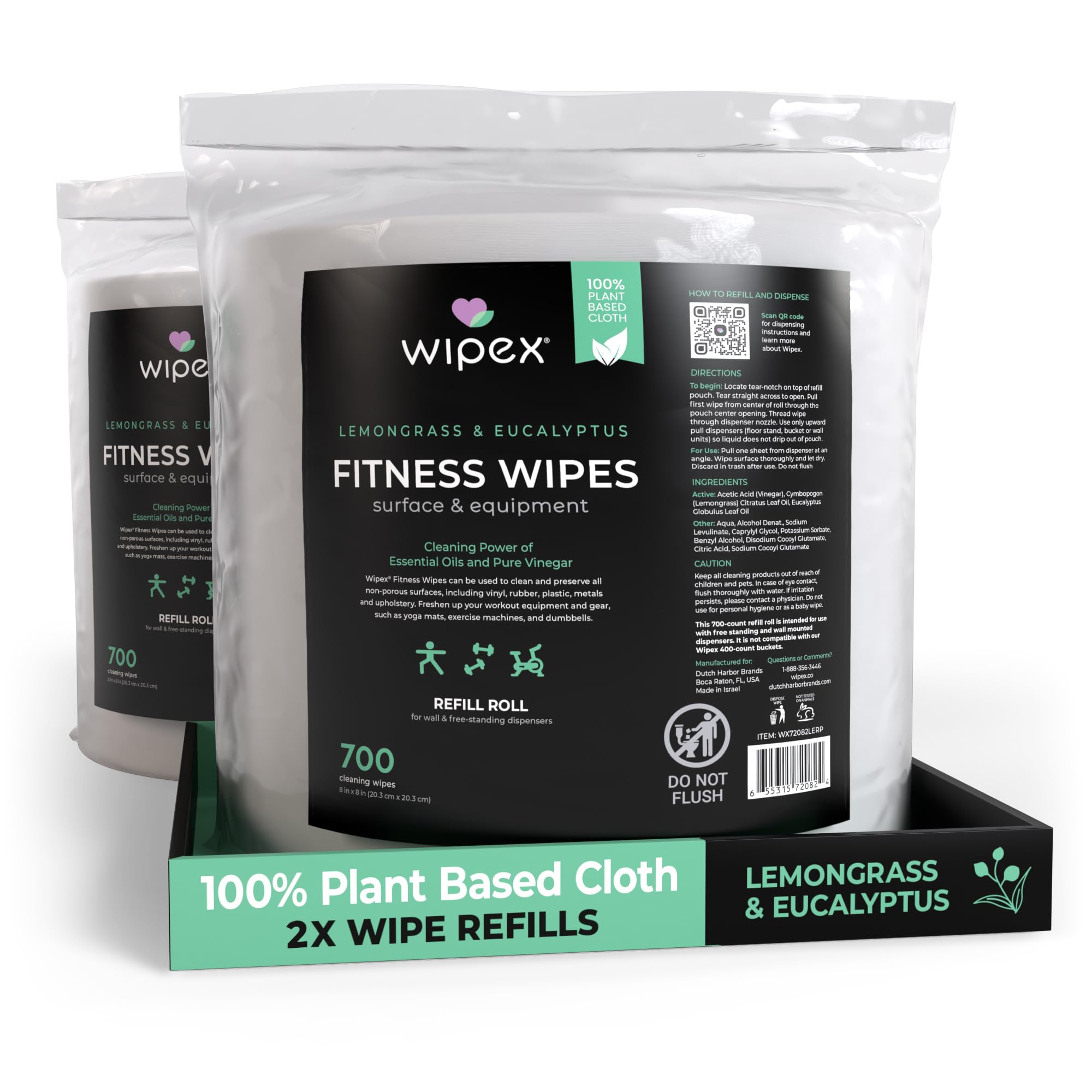Wipex Plant Based Gym Wipes Dispenser Refill - 1400 Count 8"x8" Fitness Equipment Wipes with Cleaning Vinegar, Lemongrass & Eucalyptus, Quality Gym