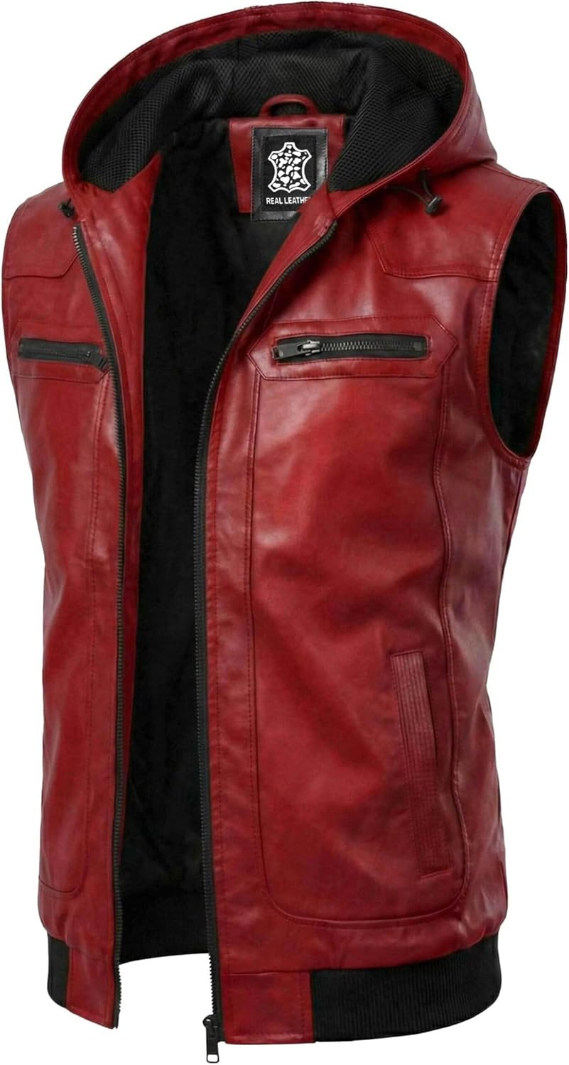 Mens Leather Vest with Hood - Sleeveless Style Real Lambskin Hooded Leather Motorcycle Vest for Men
