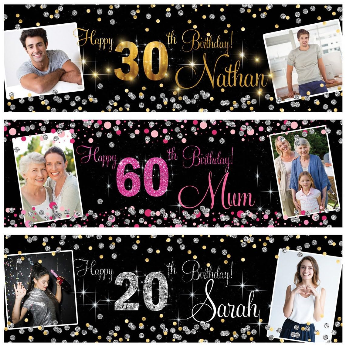 personalised outdoor birthday banner Photo Silver Gold Pink party wedding poster decoration 18th 21st 30th 40th 50th 60th 70th — image 1