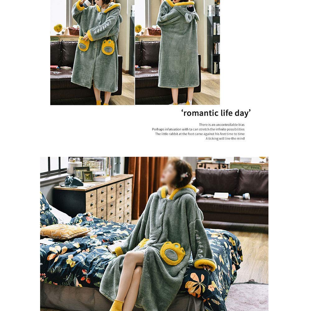 Accappatoio Invernale da Donna, Accappatoio in Flanella con Cappuccio Pigiama in Pile di Corallo Abito Femminile Caldo e Spesso Completo Lungo, Coniglietto-XL