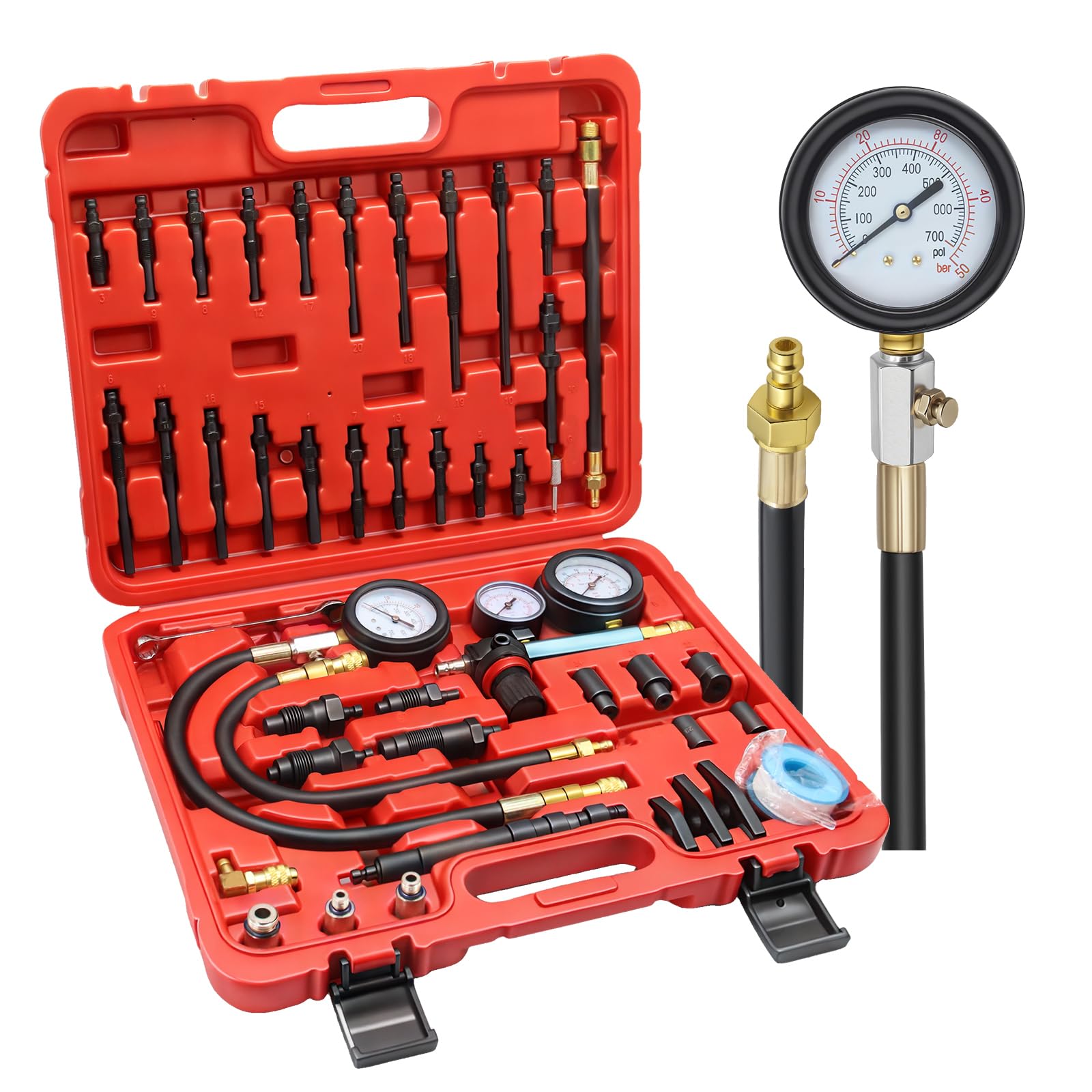 Probador de compresión - Gasolina y Diesel Probador de compresión del motor, 46 piezas Comprehensive Compression and Leak Test Kit with Dual Gauge Engine for HDi, TDCi, Pumpe Duse Engine