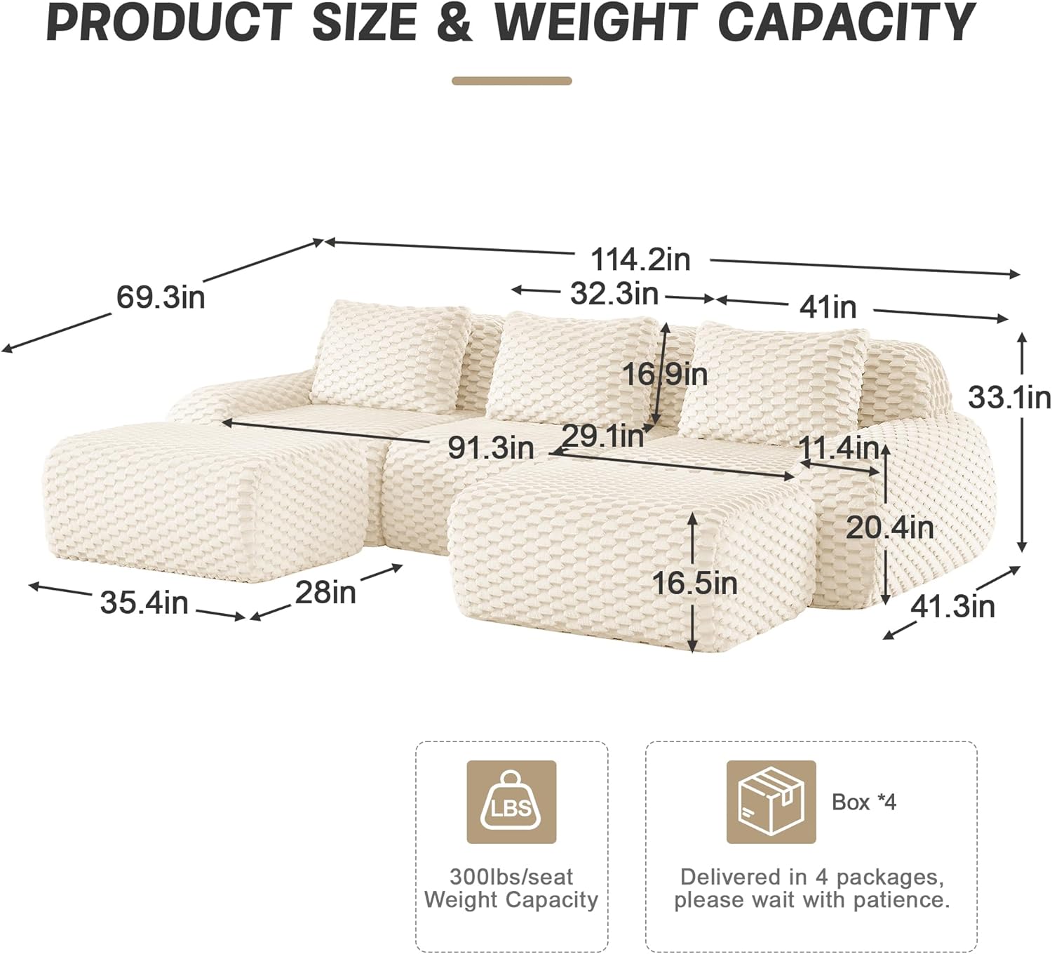 114" Boneless Modular Sectional Couch, Testured Fabric Sofa with 2 Ottoman, Low-Profile 3 Seater & 3 Thickened Cushion-back Sofa, Buckle Connection, Anti-slip Design, No Assembly Required-Cream White | Sectional Couch, Low-profile Sofa, 3-Seater Sofa, Textured Fabric Sofa, Cushion-back Sofa, Pet Friendly