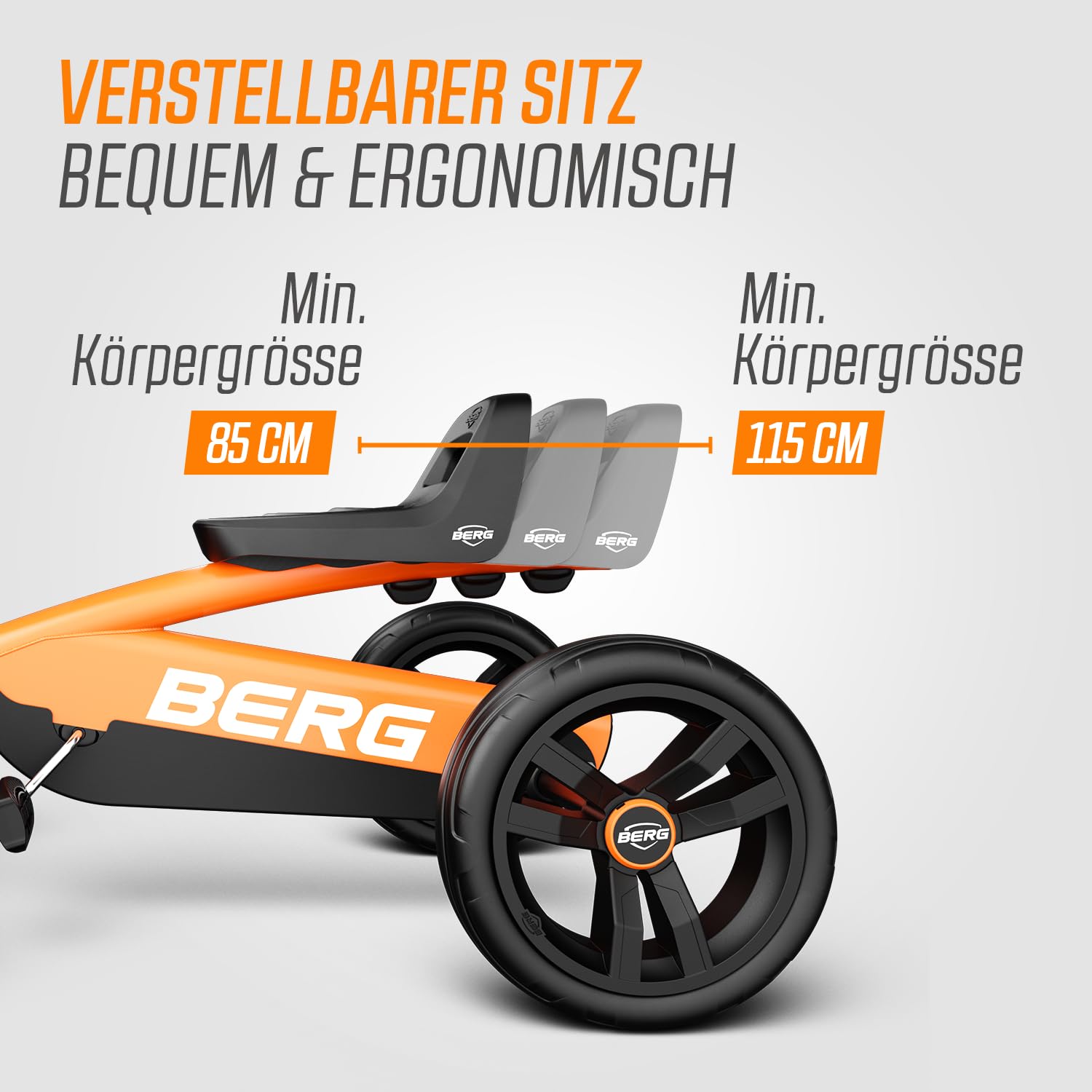 BERG Buzzy Kinder Go-Kart ab 2 Jahren, Tretfahrzeug Kettcar für Kleinkinder, Stabiles Kindergokart mit Flüsterreifen, Verstellbarer Sitz & Lenkrad (Orange)