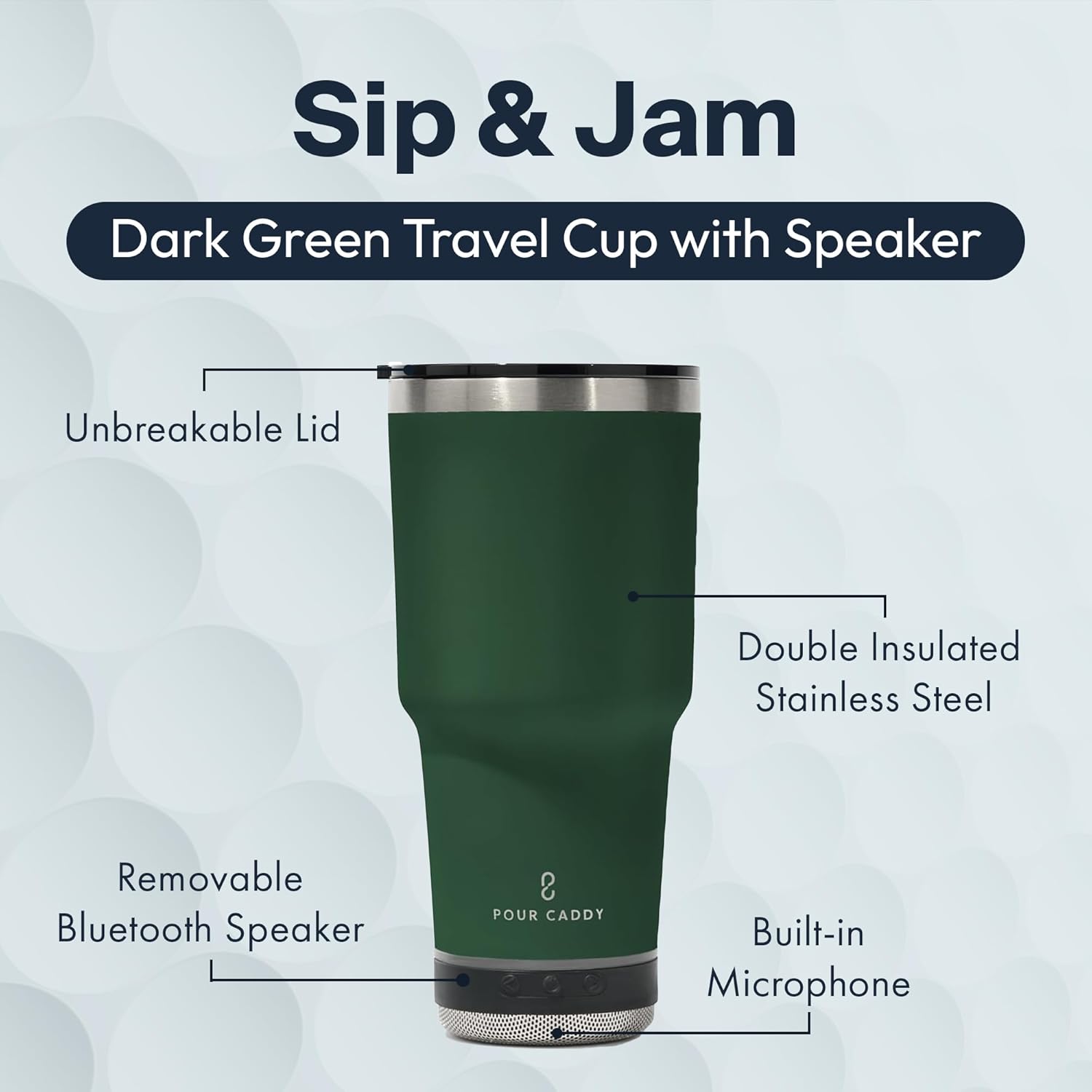 Go Caddy 28 oz Tumbler with Bluetooth Speaker, Insulated Stainless Steel Travel Cup with Lid, Hot & Cold Drink Beverage Container, Removable Speaker with Microphone, Rubber Base, Dark Green - Image 3