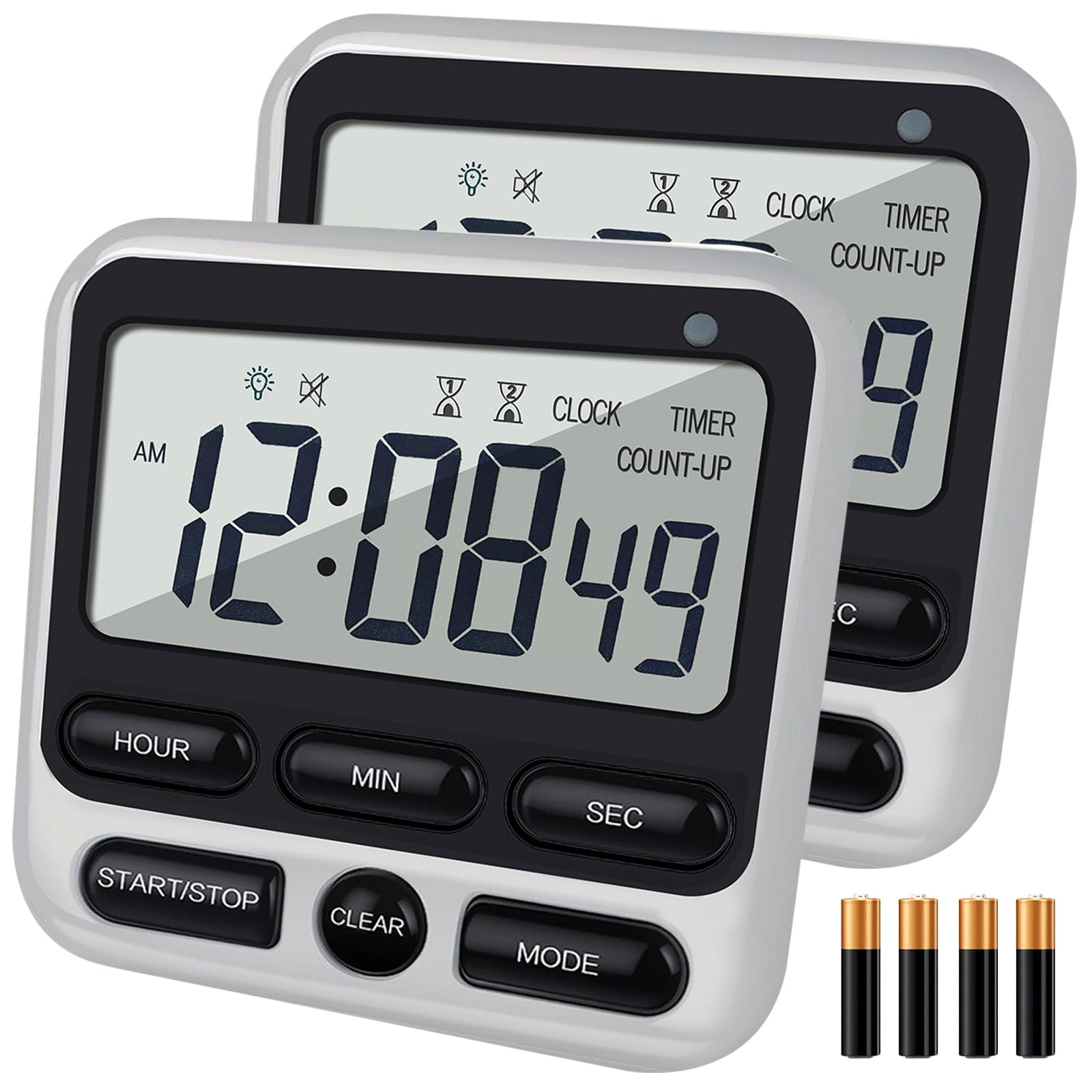 Paquete de 2 temporizadores digitales de cocina dobles con imán, cuenta regresiva y cronómetro de 24 horas, alarma fuerte, reloj de 12/24 horas, calendario, modo de silencio, indicador visual