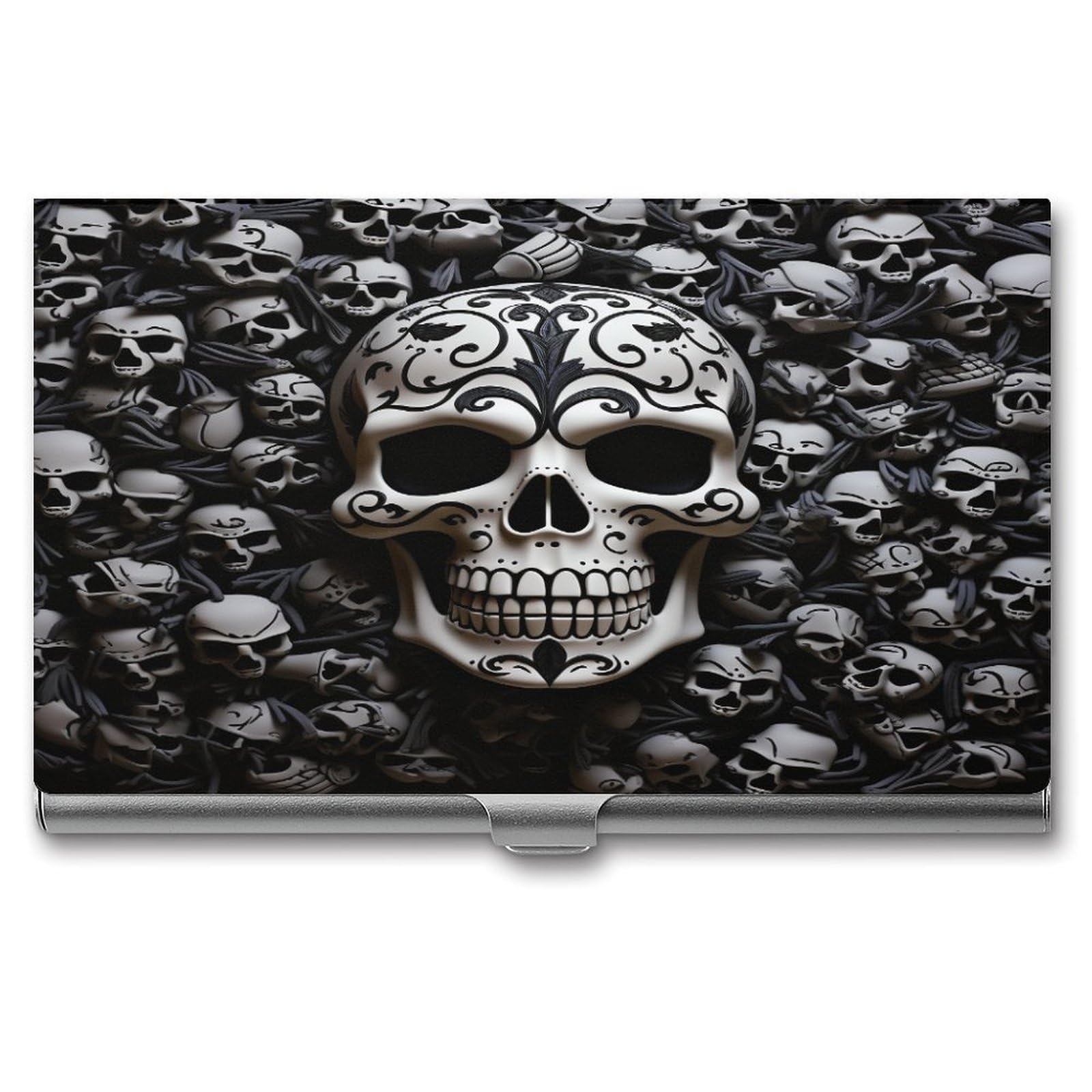 Porte-cartes de visite rigide et fin en métal premium à motif crânes pour cadre dynamique