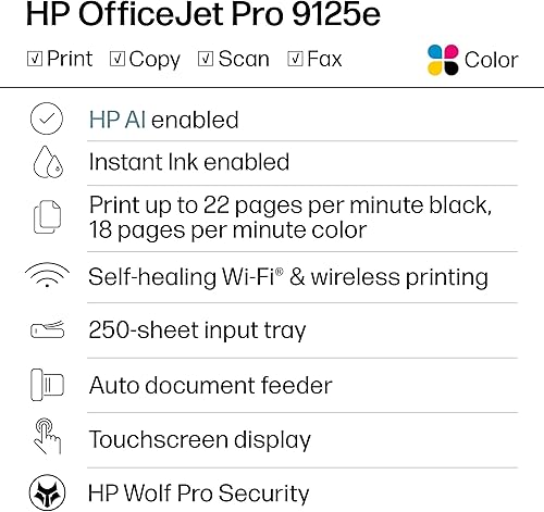 Miniatura 2 de HP OfficeJet Pro 9125e Impresora inalámbrica todo en uno de inyección de tinta a color, impresión, escaneo, copia, fax, ADF, impresión dúplex mejor
