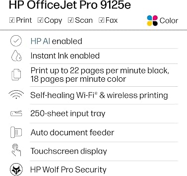 طابعة نفث الحبر اللاسلكية متعددة الألوان HP OfficeJet Pro 9125e، الطباعة والمسح الضوئي والنسخ والفاكس ووحدة التغذية التلقائية للمستندات والطباعة على الوجهين هي الأفضل للمكتب، وتتضمن نسخة تجريبية من الحبر الفوري لمدة 3 أشهر، ومدعومة بالذكاء الاصطناعي (403X0A)