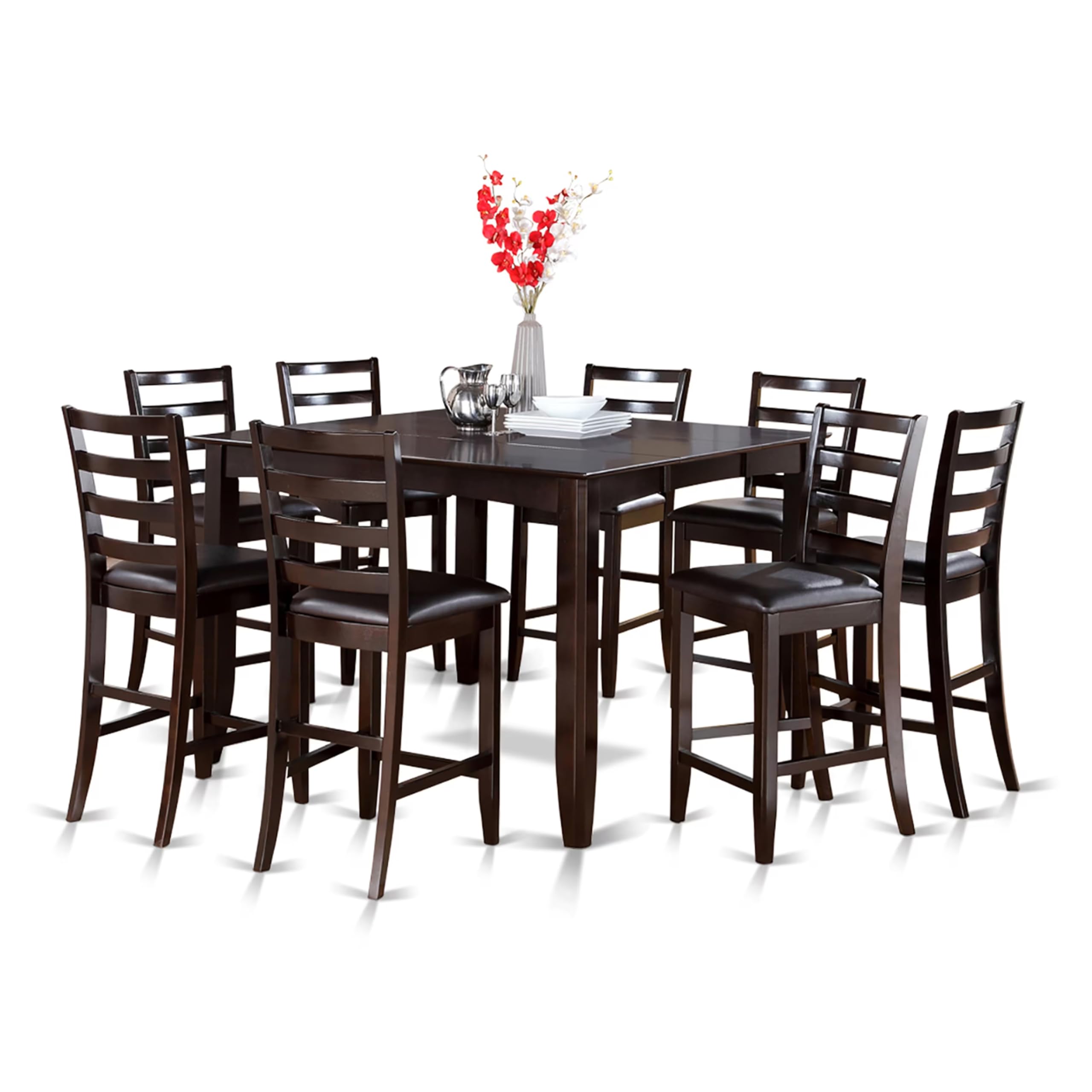 East West Furniture FAIR9-CAP-LC 9 Piece Counter Height Dining Set Includes a Square Kitchen Table with Pedestal and 8 Faux Leather Dining Room Chairs