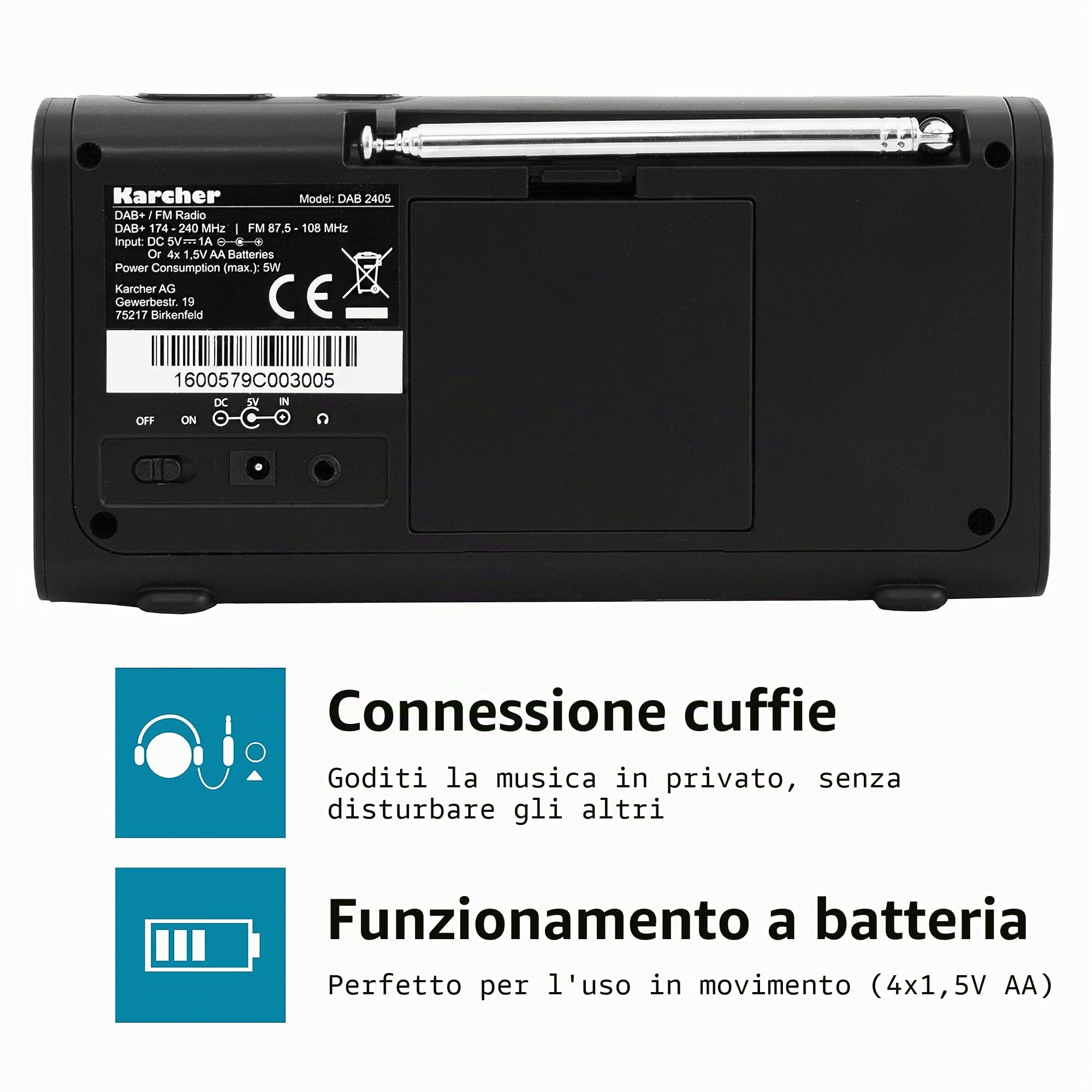 Karcher DAB 2405 Radio Digitale DAB+ / FM, Sveglia, Batteria e Alimentazione, Nero