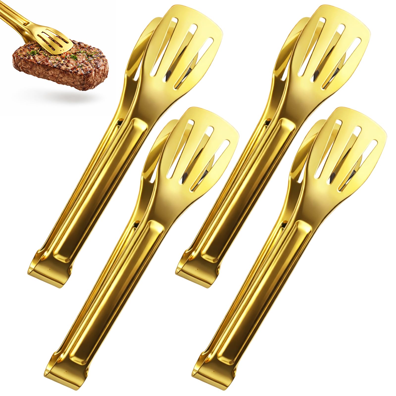 Serving Tongs, Gold Kitchen Tongs for Food Service, Premium Metal Tongs with Ergonomic Design, 4-Piece Set in 19 cm 40 g Golden Finish