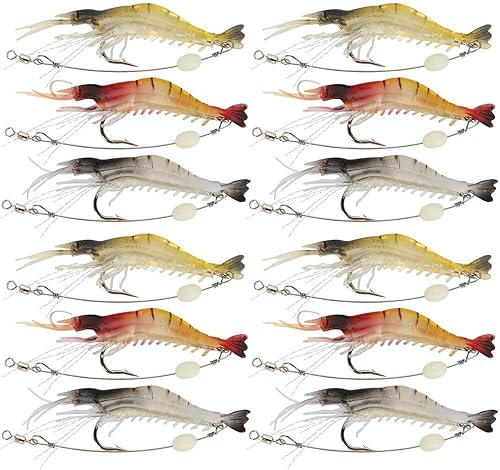 Miniatura 10 de Goture Señuelos de camarones suaves para pesca de agua salada, juego de cebo de camarón luminoso con ganchos afilados para agua dulce y salada,