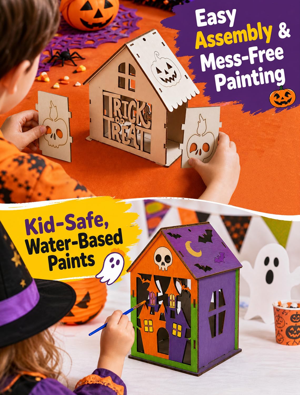 hapray 12 piezas de manualidades de casa de Halloween, kit de pintura de calabaza de madera para niños