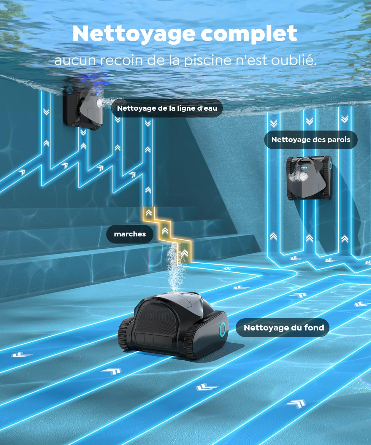 C1 Robot de Piscine Fond et Parois, Double Filtre, Robot Piscine sans Fil, 7 Modes Nettoyage, 170-180 Min d'Autonomie, Puissant Aspirateur pour Piscines jusqu'à 150 m², Gris mica