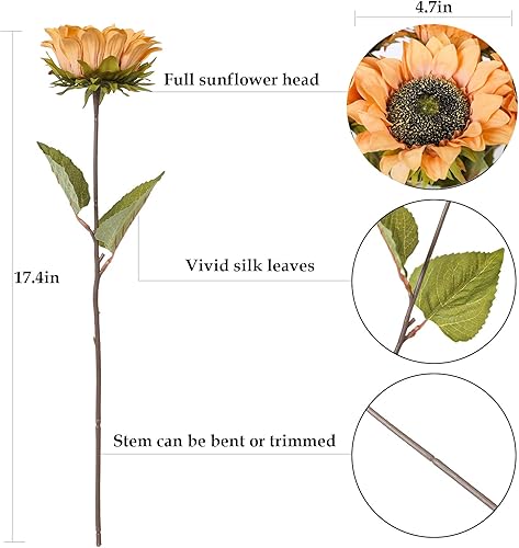Miniatura 5 de Tifuly 6 flores artificiales de girasol de 17.4 pulgadas de largo con tallo de seda falsos para decoración de ramo de boda, arreglos florales,