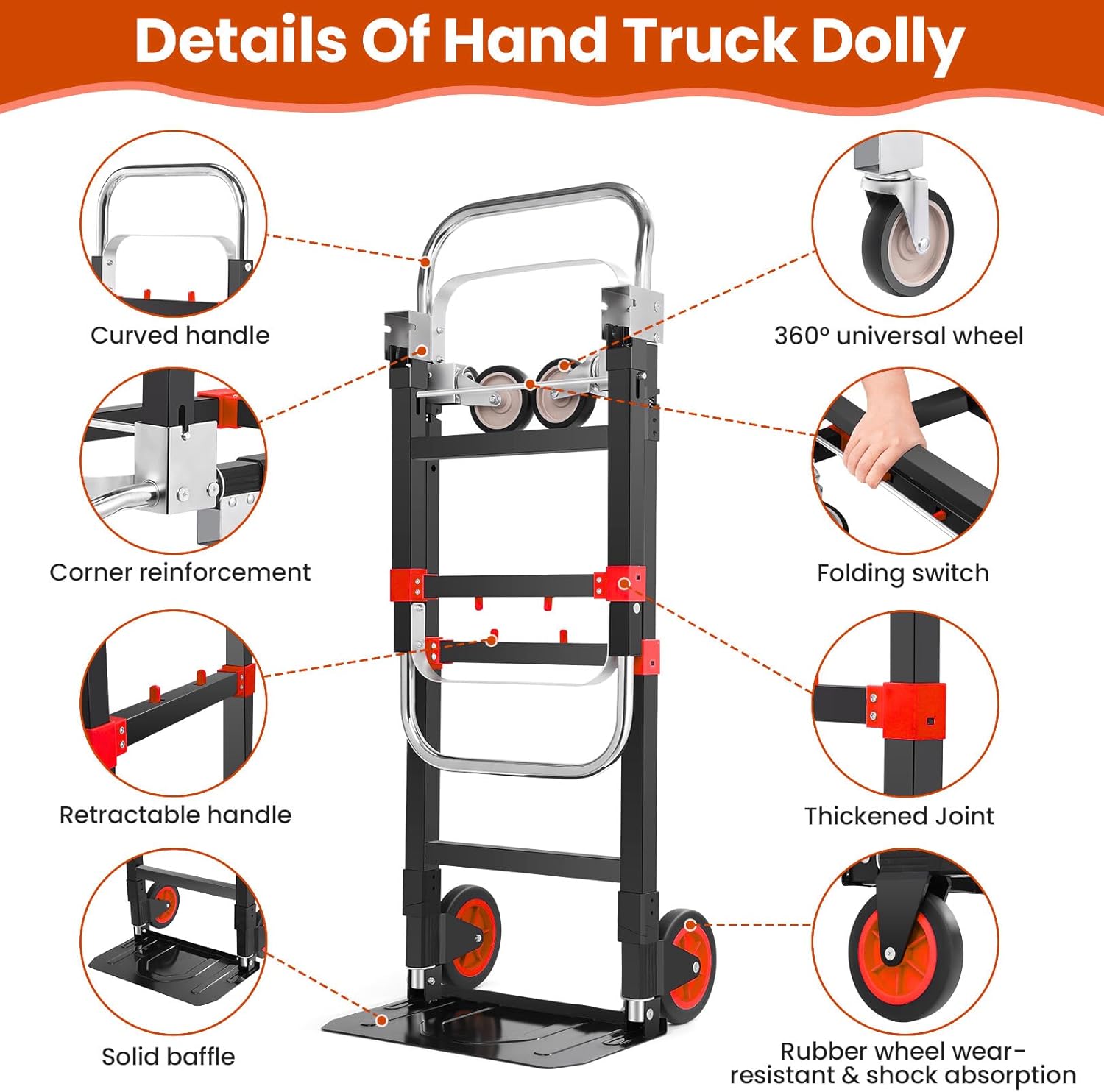 3-in-1 Convertible Heavy Duty Folding Hand Truck Dolly, 600LB Capacity with Rubber& Wheels Telescoping Handles, Portable Collapsible Cart for Warehouse, Supermarket, Office (Red)​