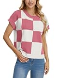 Women's Casual Pullover Checkerboard Knit Sweater Top in Black and White Soft Fabric with Short Sleeves Pullover Closure