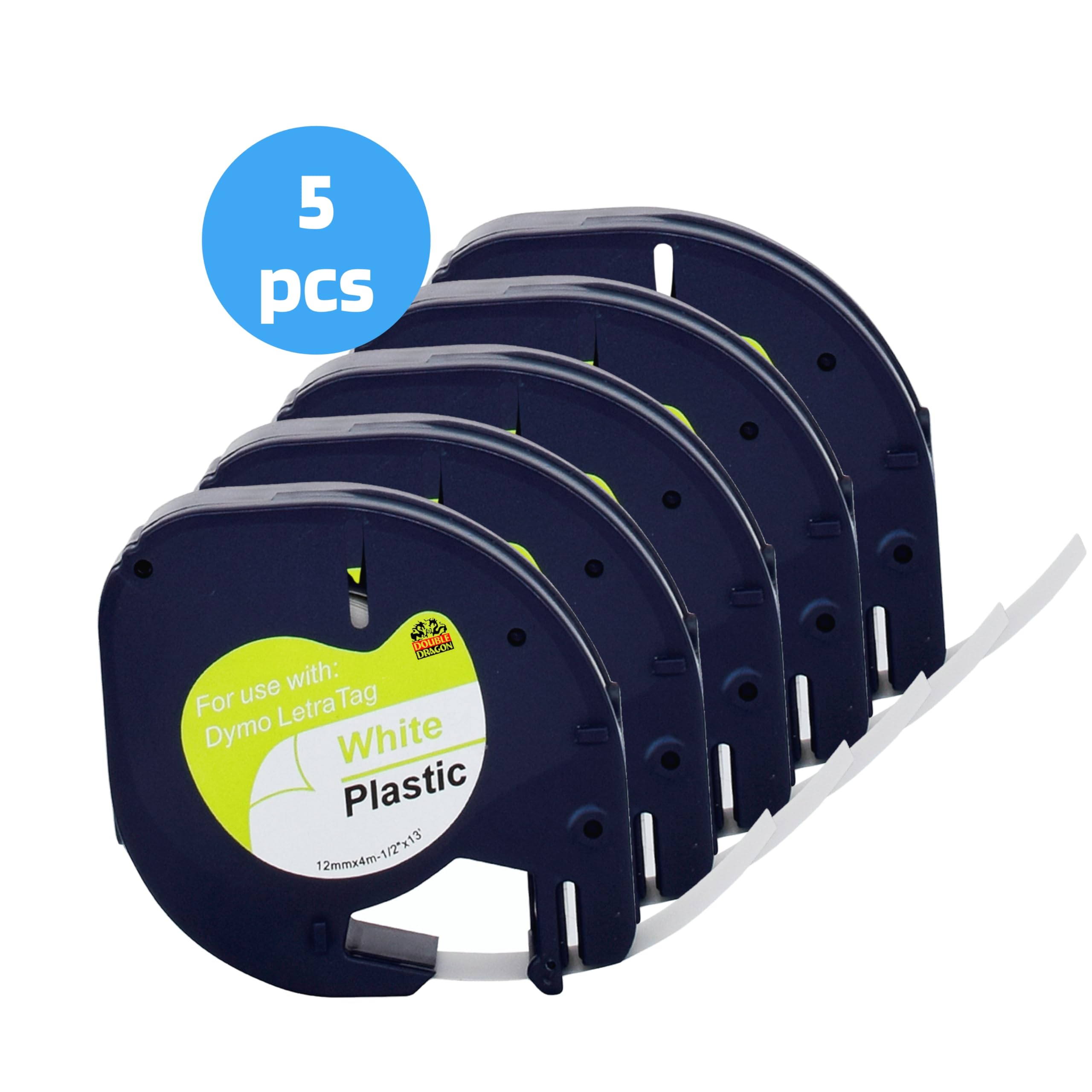 Double Dragon, 5-pack kompatybilnych taśm etykietujących na plastikową białą taśmę Dymo LetraTag 91201 S0721610, do Dymo LetraTag LT-100H LT-100T LT-110T QX50 XR XM, czarny na białym, 12mm x 4m