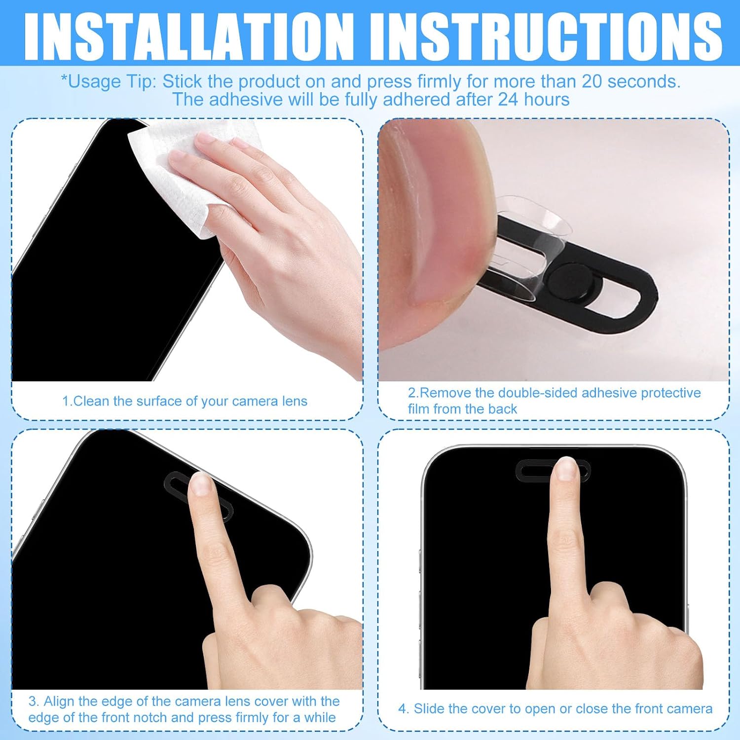 2pcs Front Camera Cover Slide, Ultra Thin Webcam Cover Front Phone Camera Protection to Protect Privacy and Security Compatible with iPhone 15 16 17 Air 14 17 Pro Max (Black)