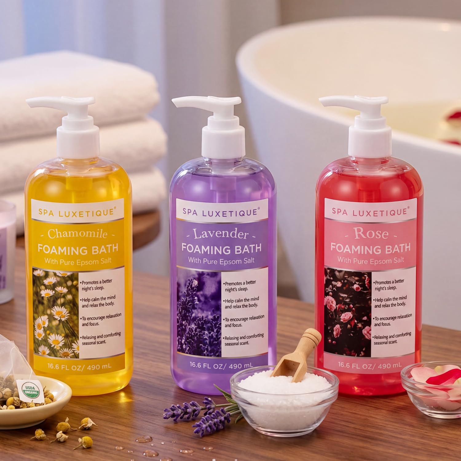 Spa Luxetique Bain Moussant avec Sel d'Epsom pur, Coffret de Bain parfum Camomille Rose et Lavande, Cadeau Fête des Meres, Cadeaux pour Femmes Hommes 3 Pack 49,8 fl oz